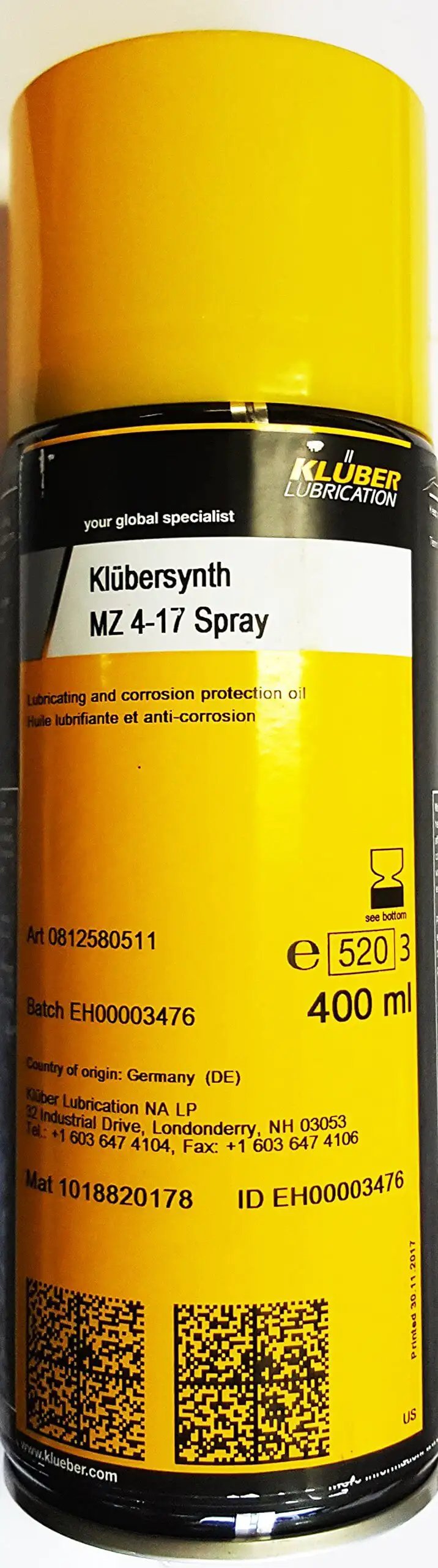 Premium Synthetic Spray Lubricant For Tools And Sporting Weapons From Kluber Lubrication KLUBERSYNTH MZ 4 17 400 Ml Spray Can