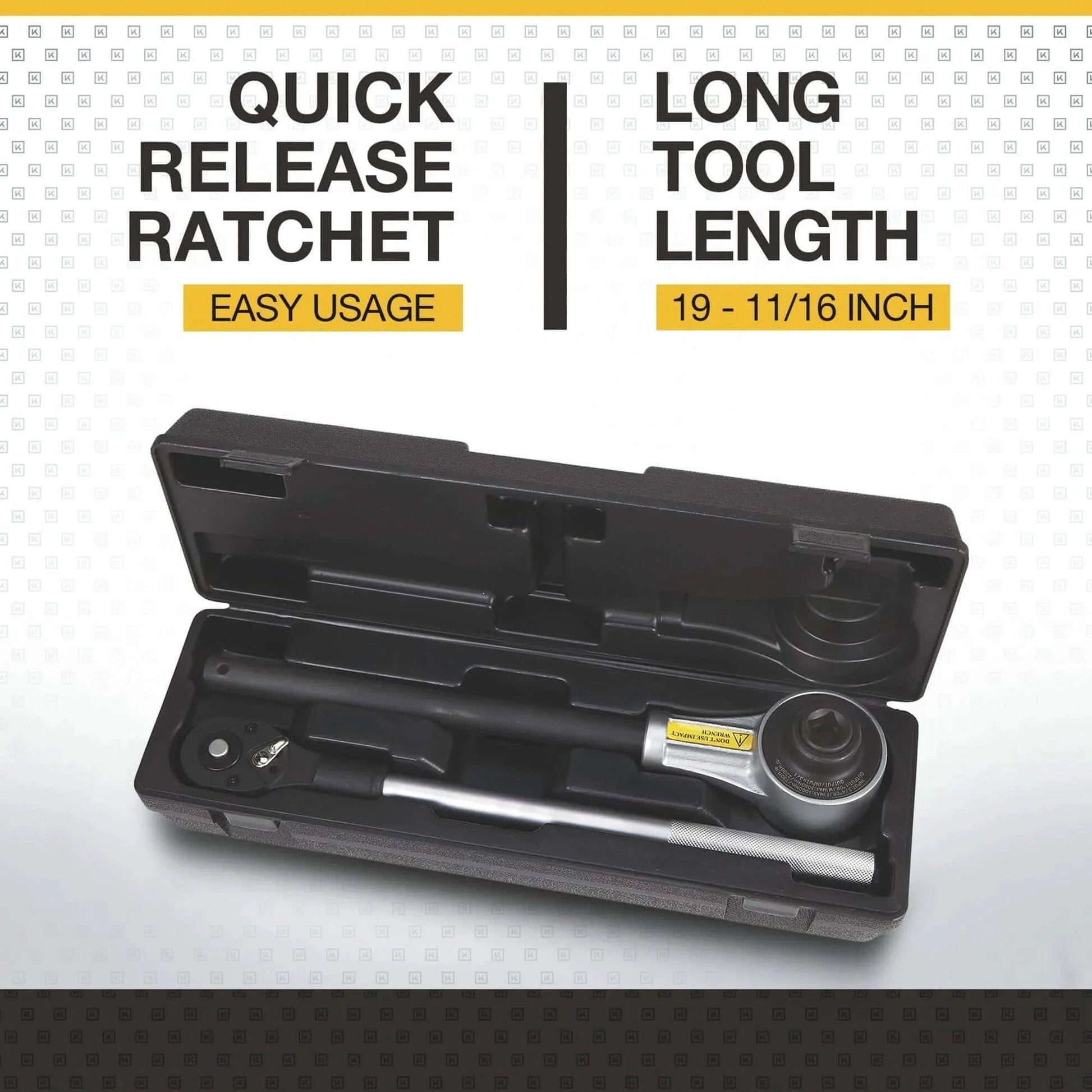 Klutch Torque Multiplier in black case showcasing quick release ratchet and long tool length.