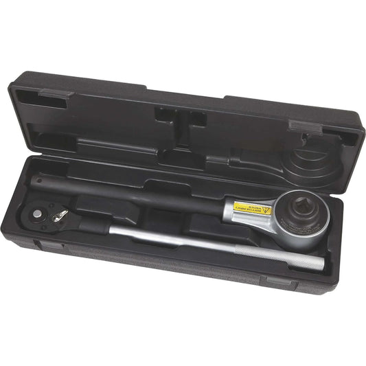 Klutch Torque Multiplier in storage case, showcasing 3/4in input, 1in output, satin finish, 2200 ft-lb capacity, compact design.