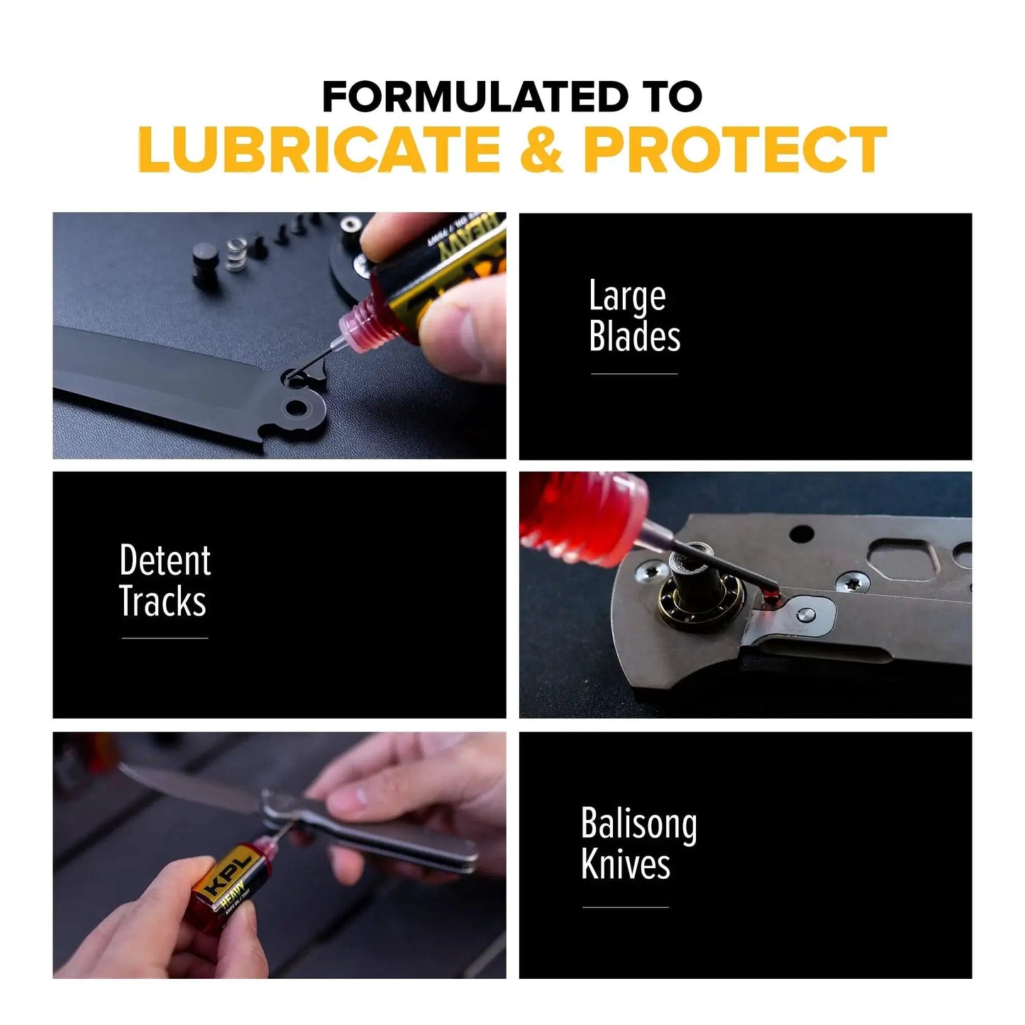 Heavy Duty Knife Pivot Lube And 75 Weight Synthetic Knife Oil For Blades And Pocket Knives Keeps Pivots Smooth And Clean Protects Against Dirt Grit And Lint In A Precision Oiler Bottle applied to large blades and balisong knives.