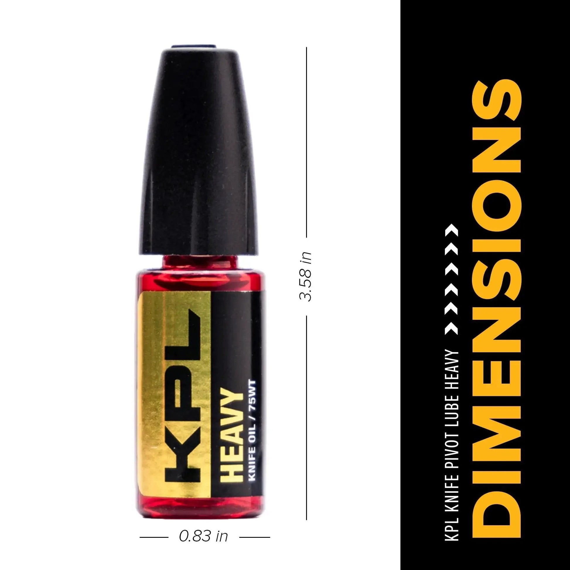 Front view of Heavy Duty Knife Pivot Lube And 75 Weight Synthetic Knife Oil in precision oiler bottle with dimensions