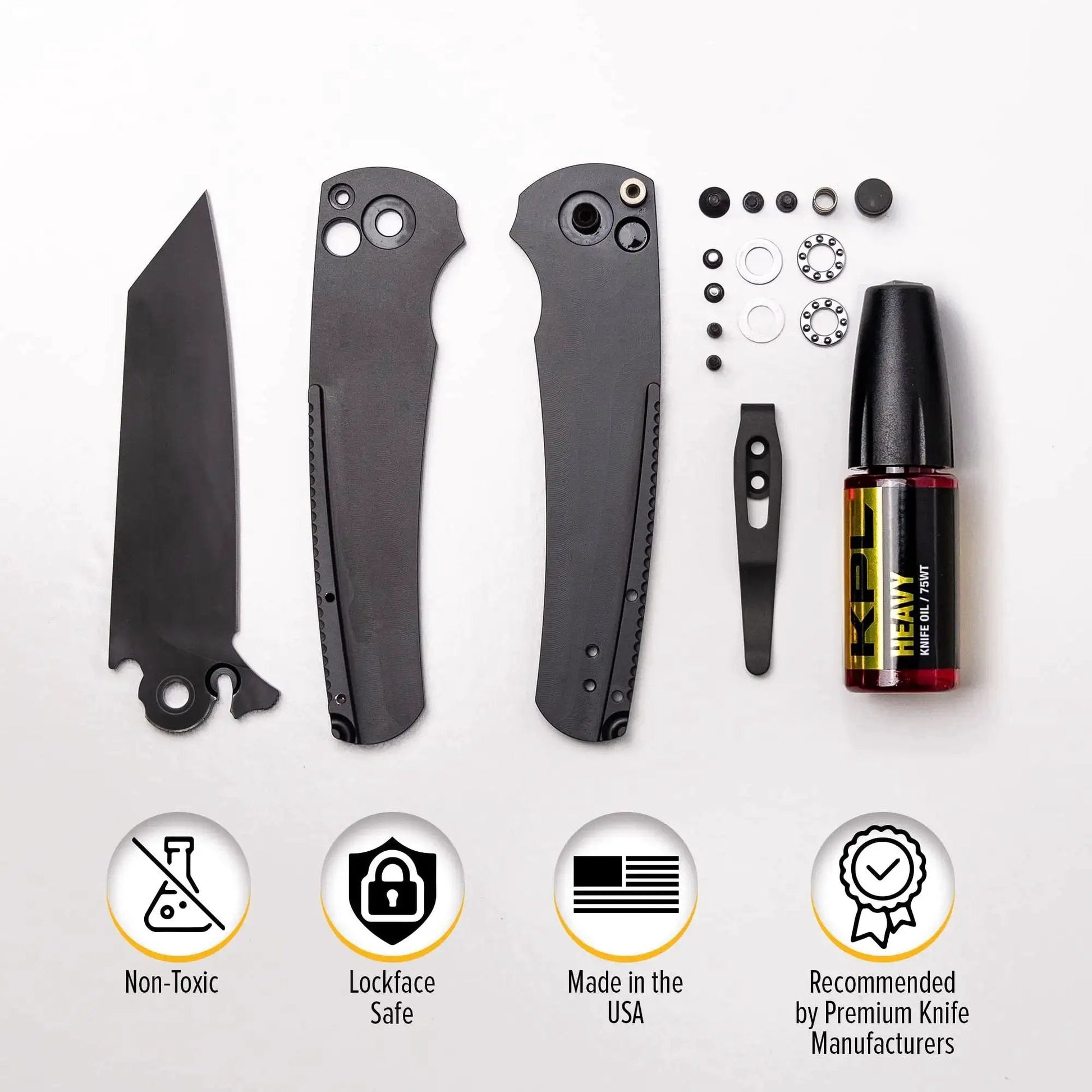 Heavy Duty Knife Pivot Lube And 75 Weight Synthetic Knife Oil For Blades And Pocket Knives Keeps Pivots Smooth And Clean Protects Against Dirt Grit And Lint In A Precision Oiler Bottle shown with knife parts