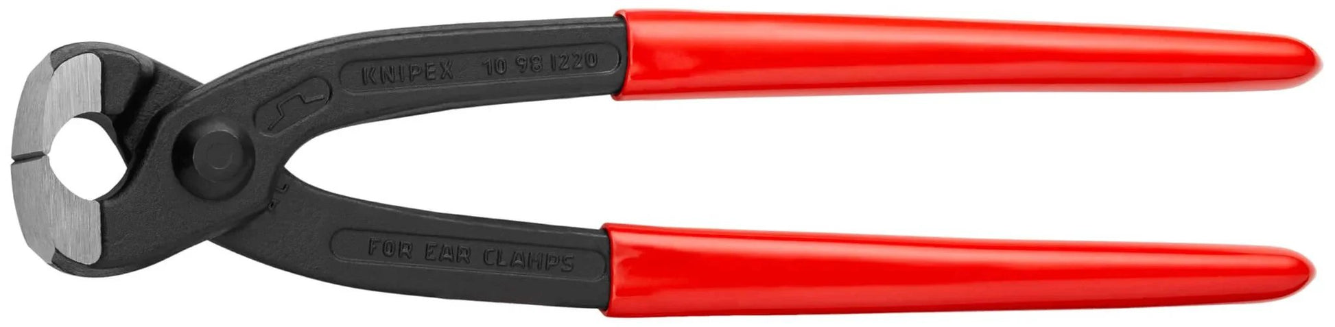 Knipex Tools Eight Point Seven Five Inch Ear Clamp Pliers 1 Ear 2 Ear Clamp Tool 1098i220 for Oetiker Clamps with red handles.