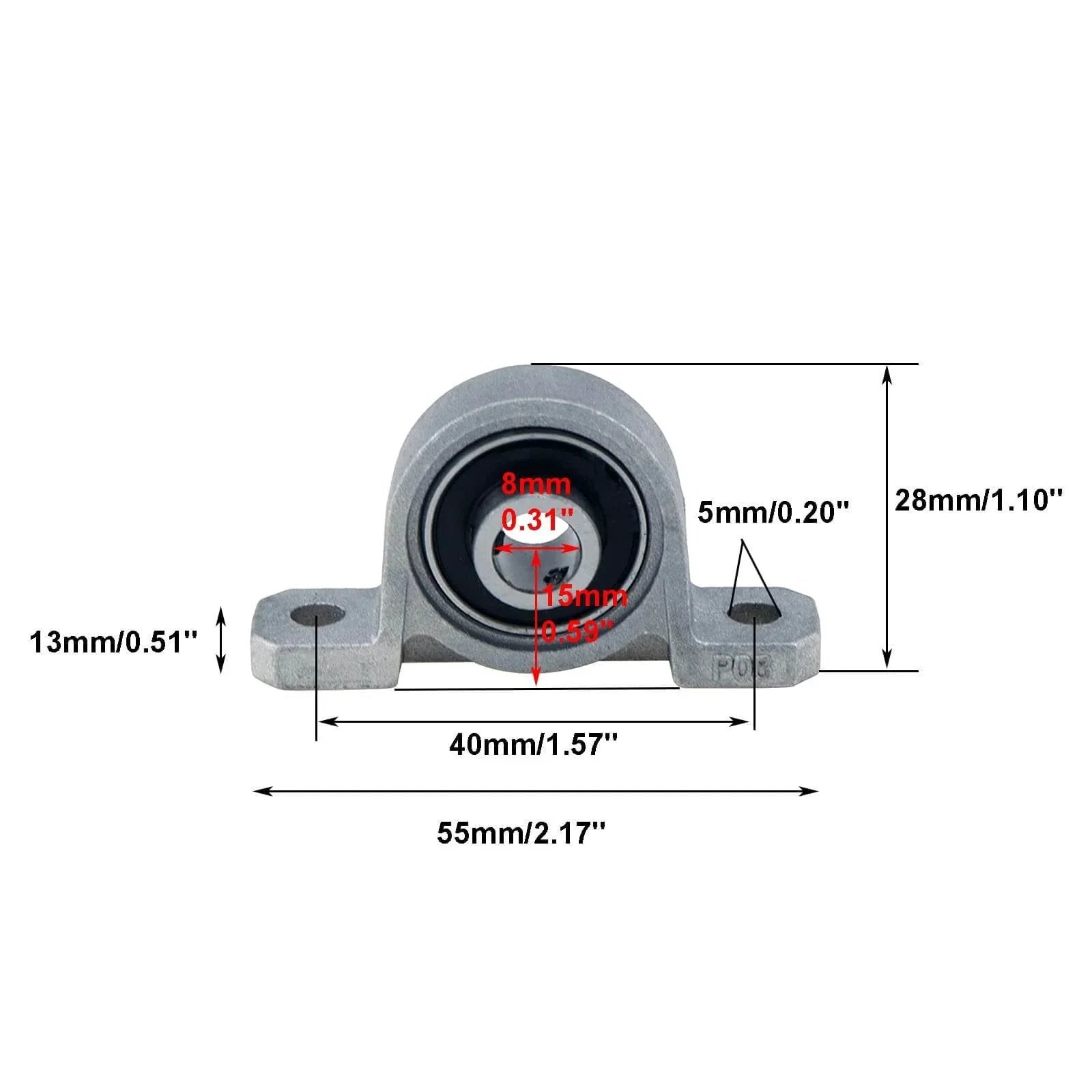 Front view of Four Pack KP08 Self Aligning Pillow Block Bearings 8mm Inner Diameter Mounted Flange Bearings with dimensions.