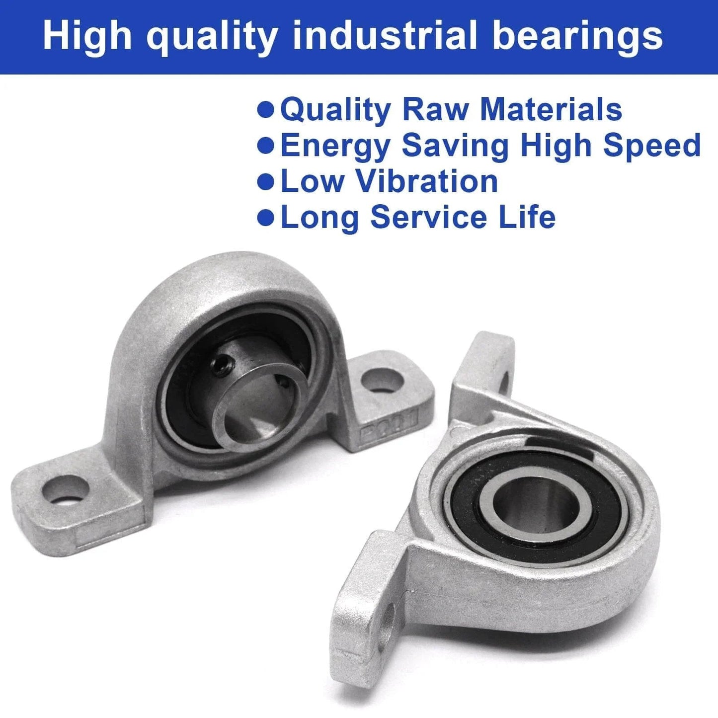 Four Pack KP08 Self Aligning Pillow Block Bearings 8mm Inner Diameter Mounted Flange Bearings Zinc Alloy Steel Vertical Mount displayed