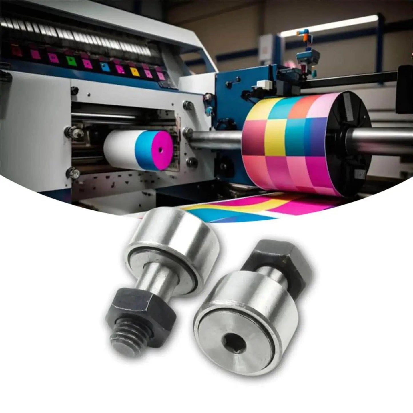 2pcs CF8 KR19 Cam Follower Needle Roller Bearing With M8x1.25mm Male Thread shown with CNC machinery backdrop