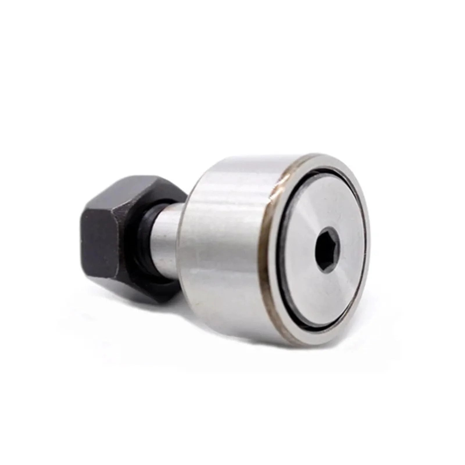 Close-up of ✝️ 10pcs/lot KR40 CF18 Cam Follower Needle Roller Bearing with wheel and pin, metal finish.