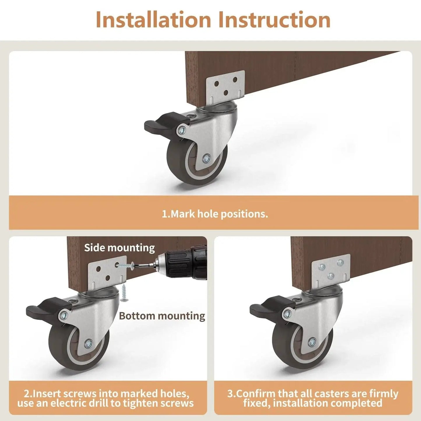 Installation instruction for 2 Inch L Shaped Swivel Plate Casters With Brakes, showing mounting on wooden furniture.
