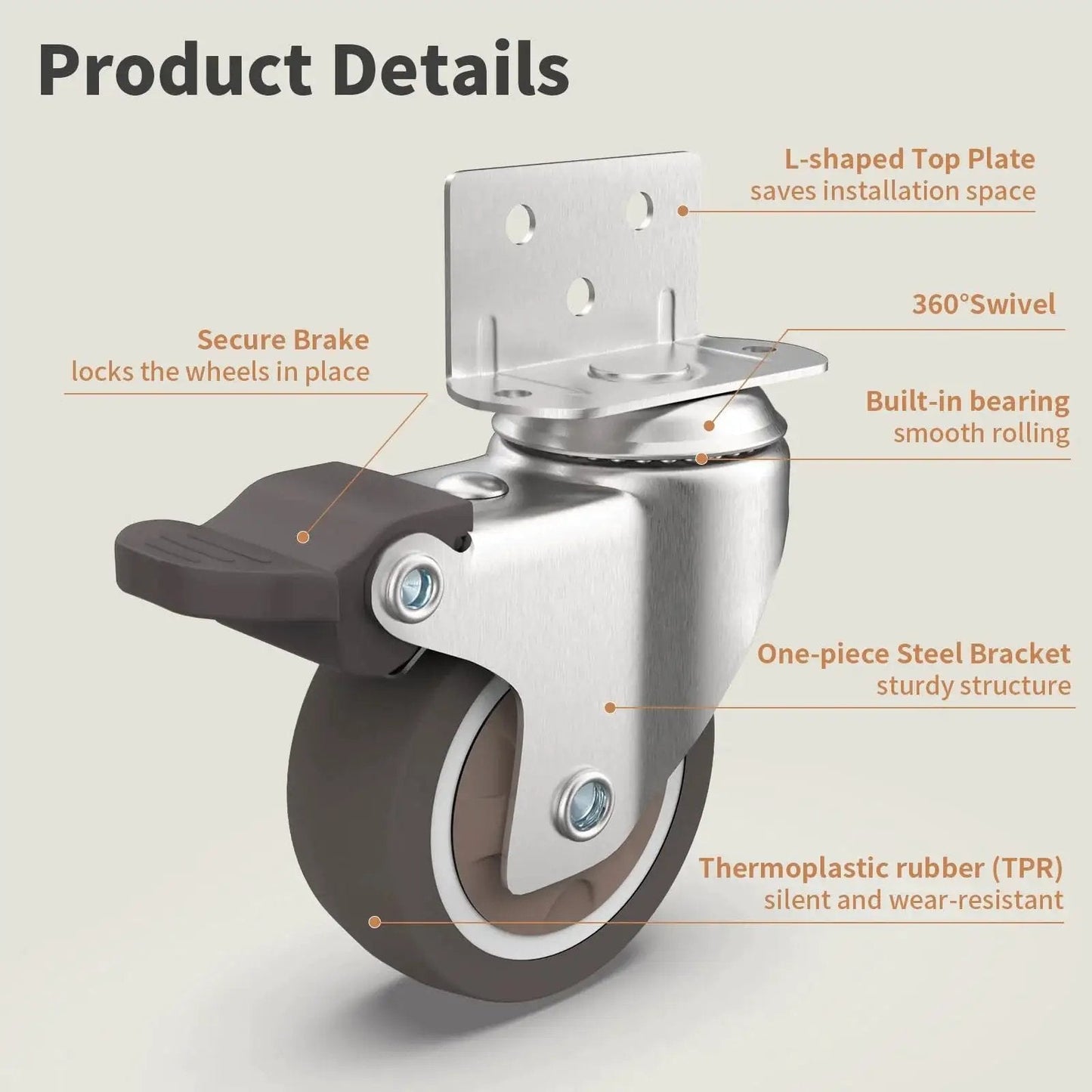 Close-up view of 2 Inch L Shaped Swivel Plate Casters with Brakes, TPR Silent Furniture Wheels with steel bracket, suitable for cabinets.
