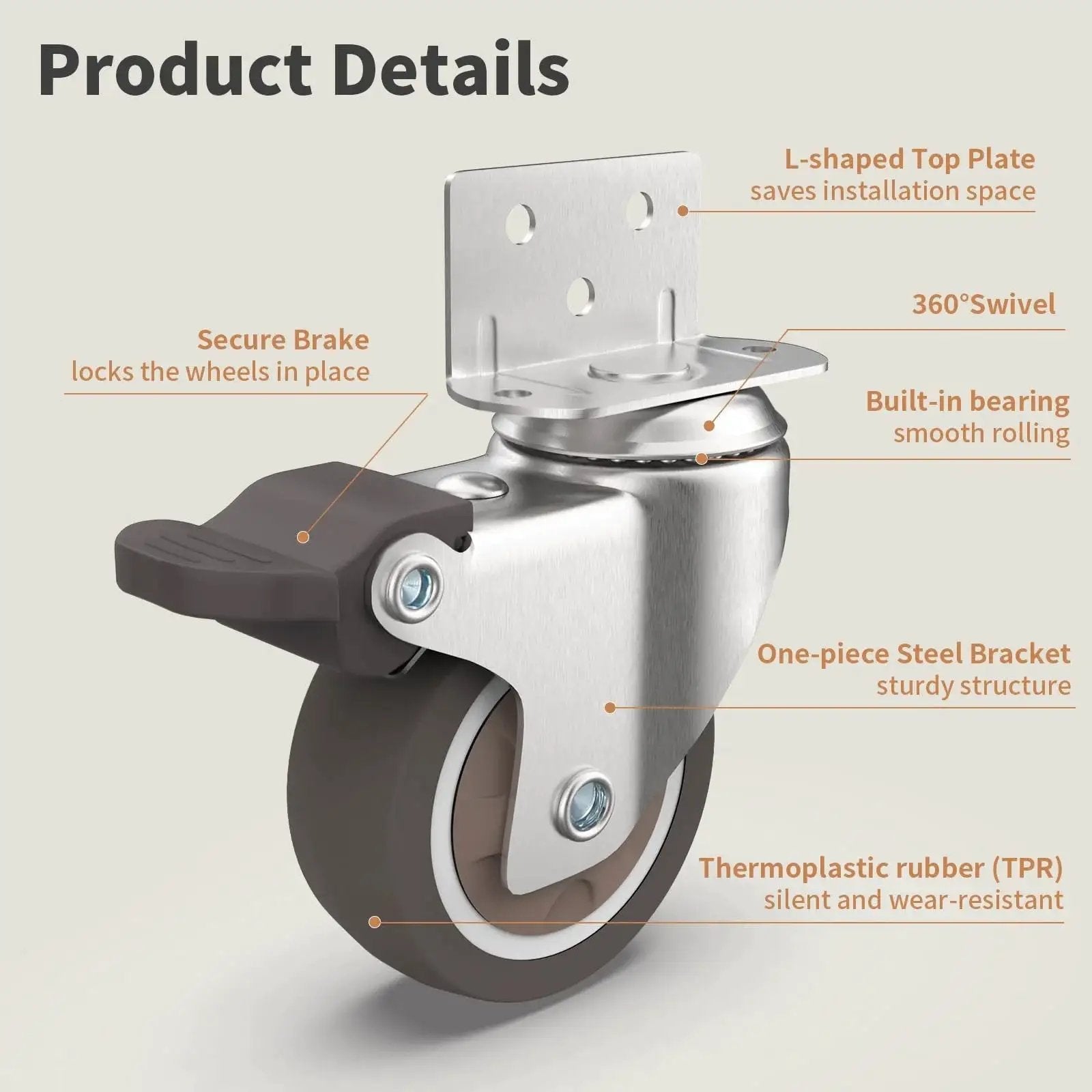 Close-up view of 2 Inch L Shaped Swivel Plate Casters with Brakes, TPR Silent Furniture Wheels with steel bracket, suitable for cabinets.