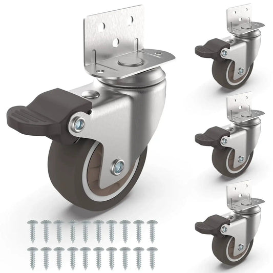 4-piece set of 2 Inch L Shaped Swivel Plate Casters With Brakes, TPR Silent Furniture Wheels, screws included, 600 lb total load