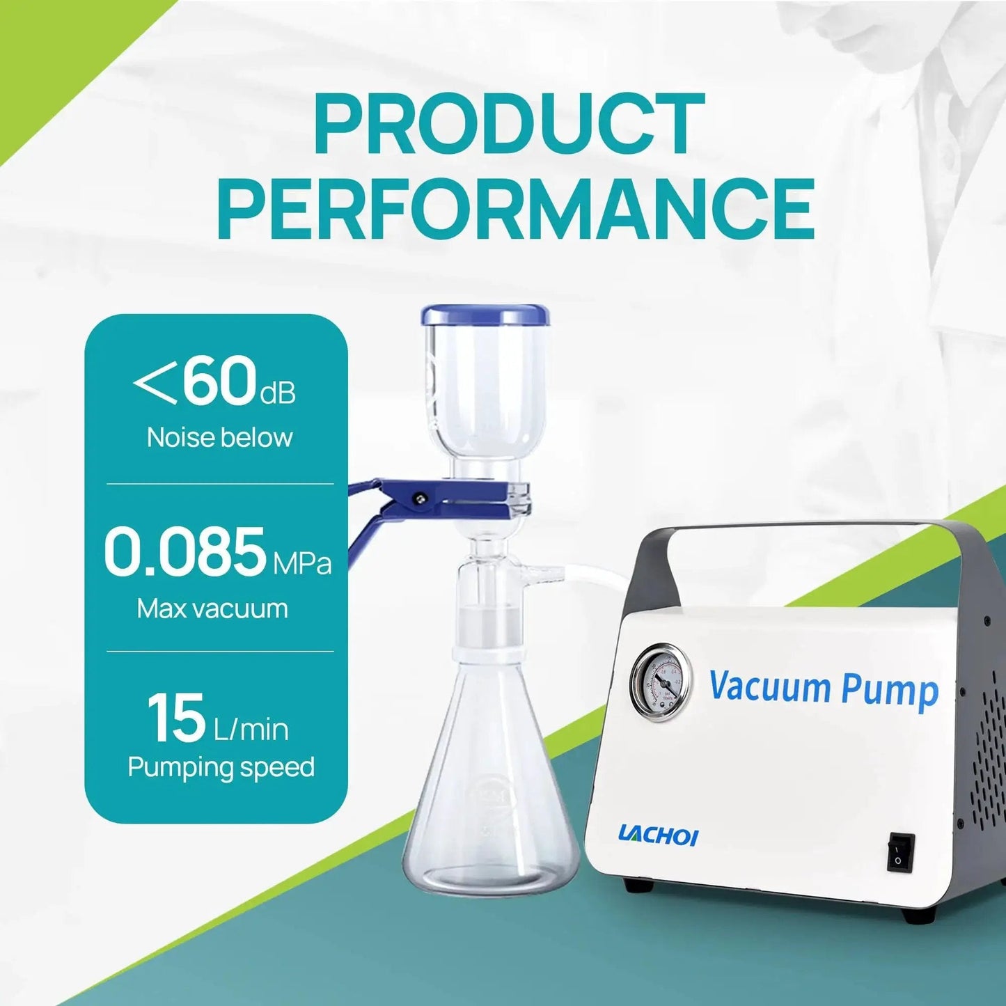 Oil Free Lab Vacuum Pump Diaphragm Filtration System Lachoi Portable 15 L Per Min Flow Rate dual pressure with beaker setup