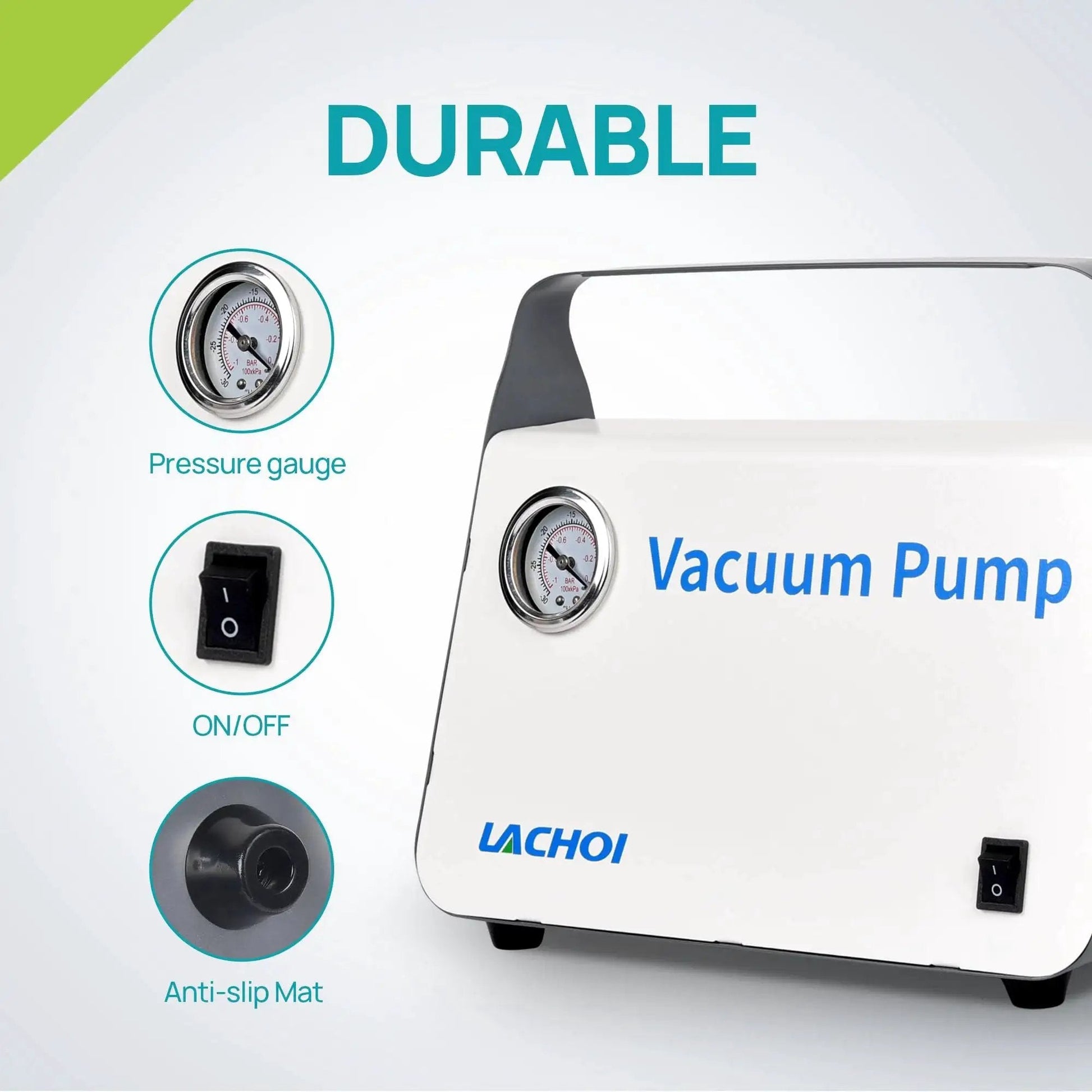 Oil Free Lab Vacuum Pump Diaphragm Filtration System Lachoi Portable 15 L Per Min Flow Rate with pressure gauge, on/off switch, and anti-slip mat