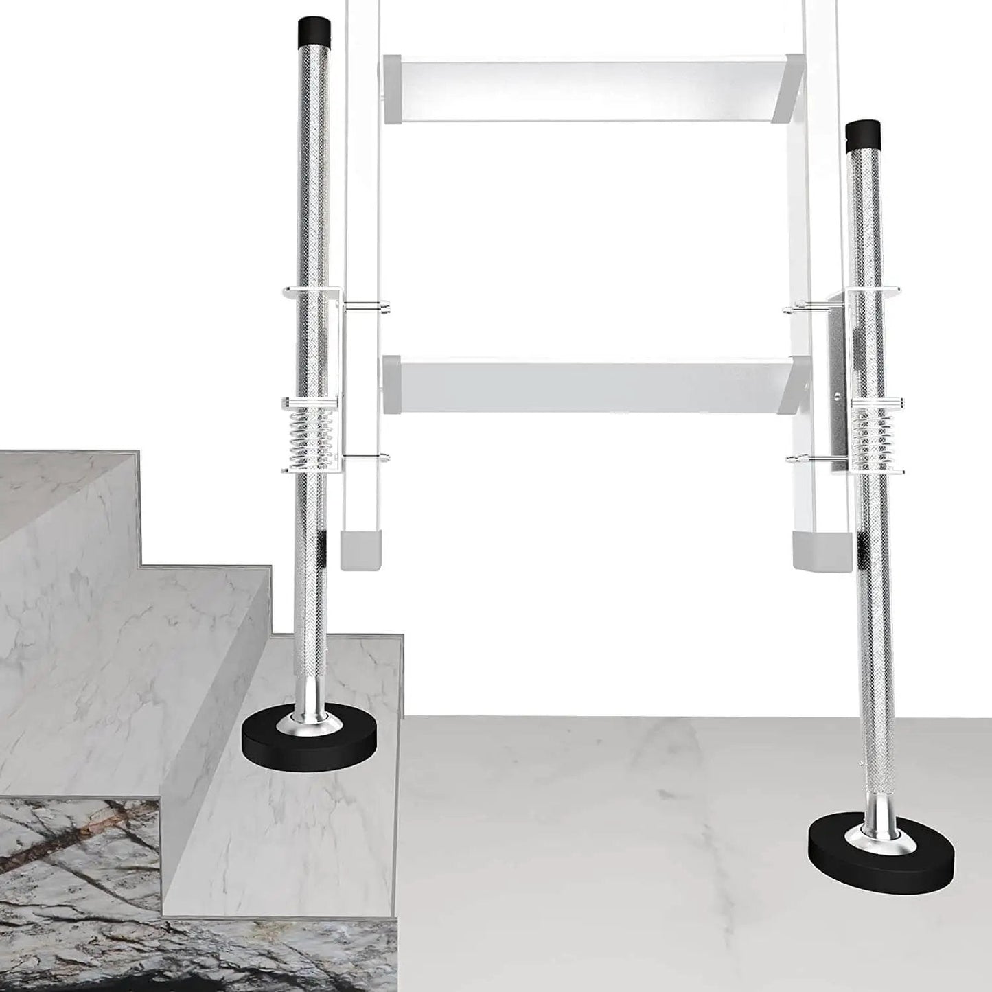 Adjustable Ladder Leveler Pair For Stairs And All Surfaces Anti Skid Alloy Steel Feet With Removable Rubber Caps installed on stairs