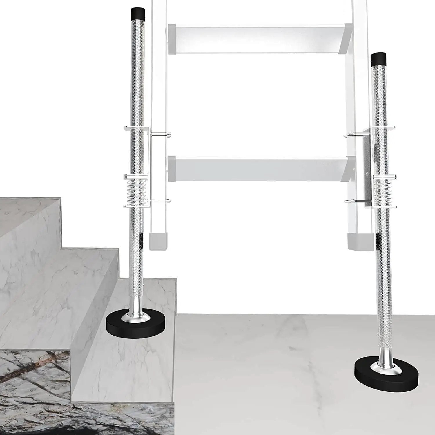 Adjustable Ladder Leveler Pair For Stairs And All Surfaces Anti Skid Alloy Steel Feet With Removable Rubber Caps installed on stairs
