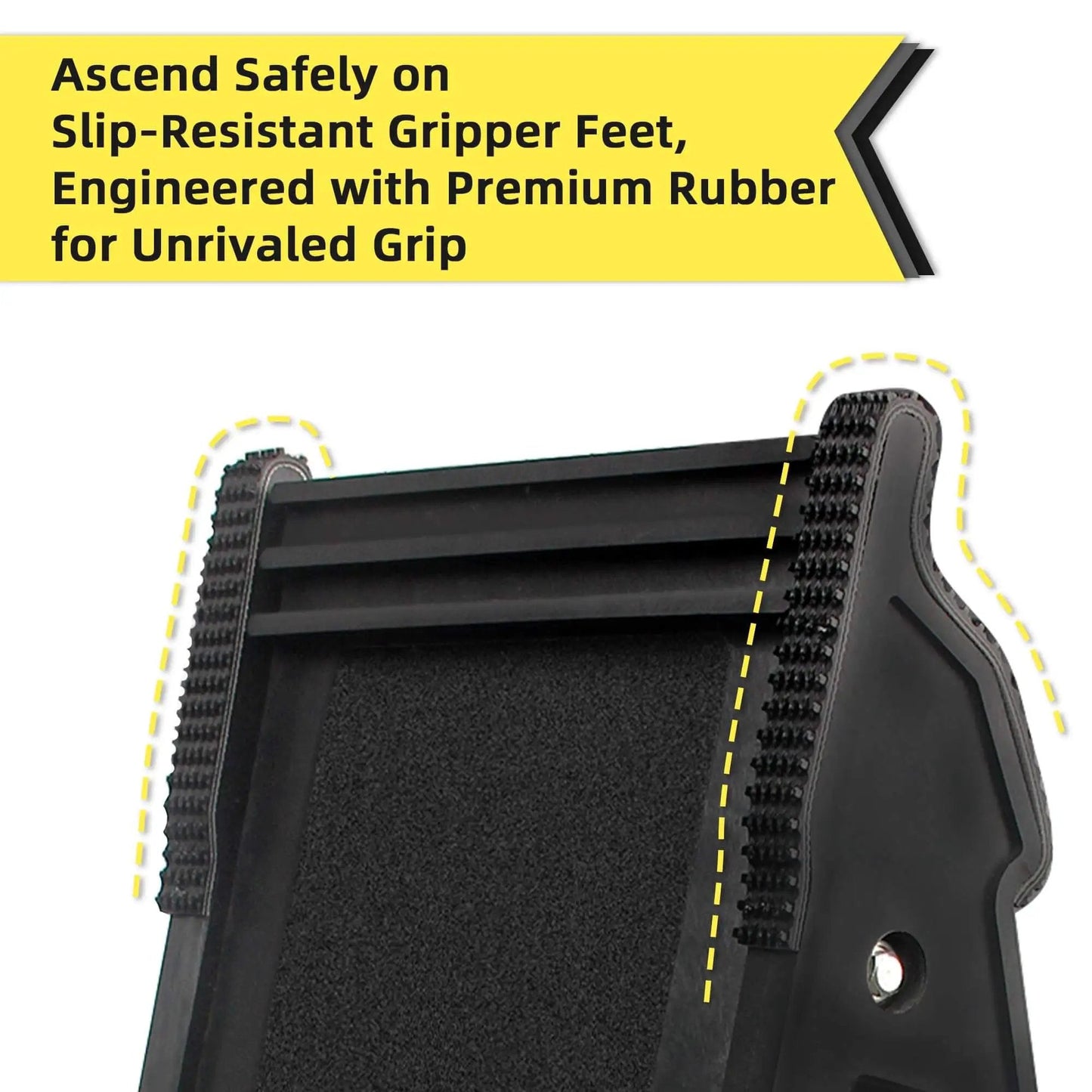 Close-up of slip-resistant gripper feet on Sturdy Ladder Leveler And Stabilizer For Stairs And Extension Ladders With Built In Storage
