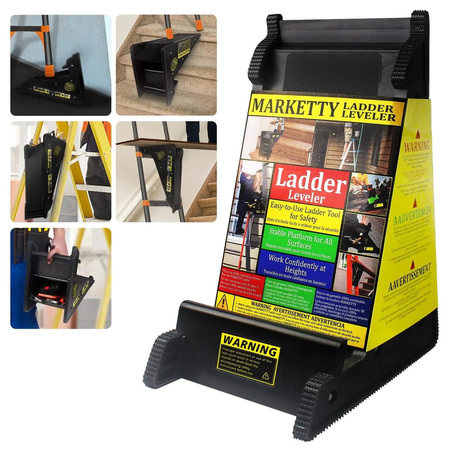 Packaging of a product titled 'Sturdy Ladder Leveler And Stabilizer For Stairs And Extension Ladders With Built In Storage Easy To Use No Slip Ground Gripper Triangle Safety Design For Uneven Ground Keeps Ladders Level And Safe On Steps' with images showing its use on stairs and uneven ground.