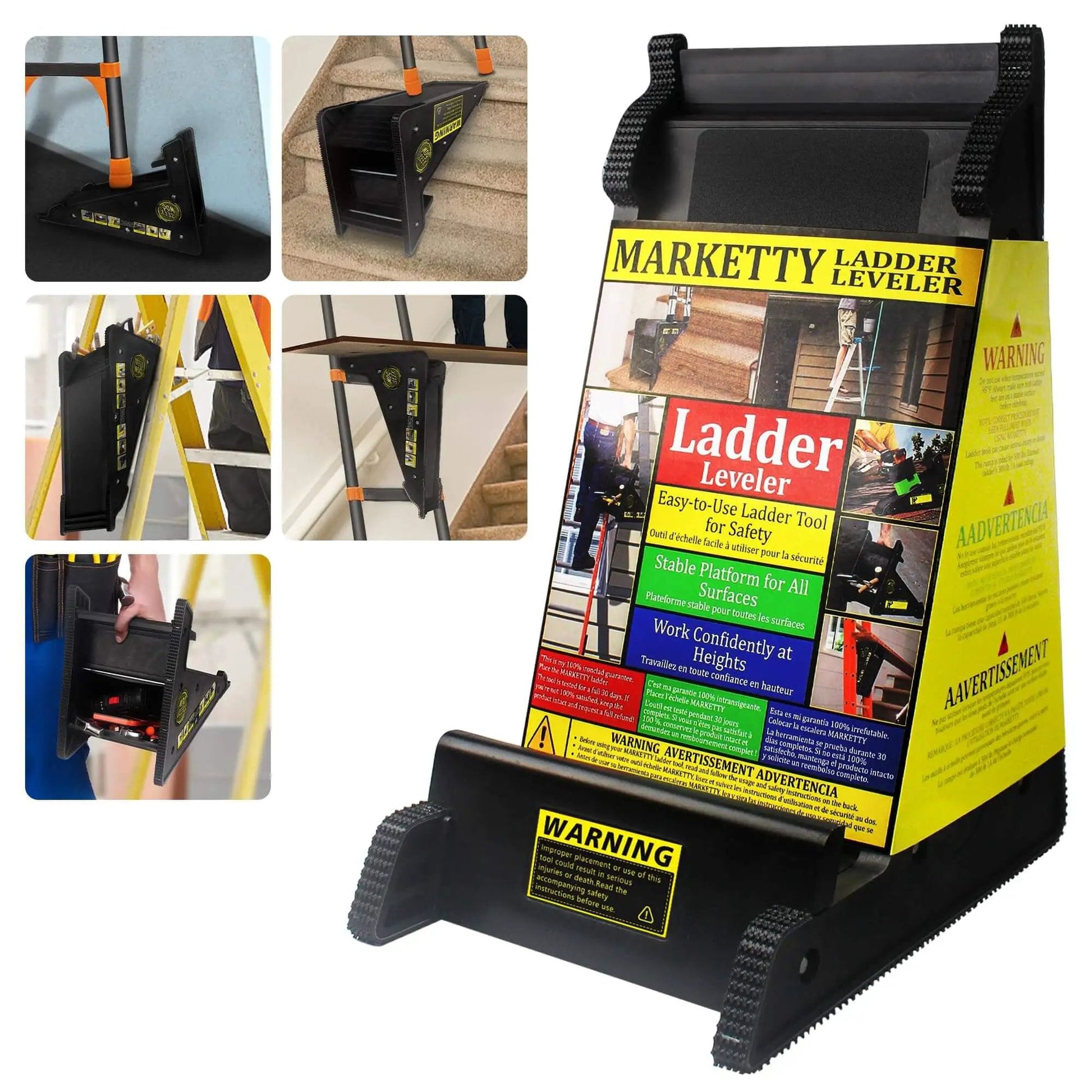 Packaging of a product titled 'Sturdy Ladder Leveler And Stabilizer For Stairs And Extension Ladders With Built In Storage Easy To Use No Slip Ground Gripper Triangle Safety Design For Uneven Ground Keeps Ladders Level And Safe On Steps' with images showing its use on stairs and uneven ground.