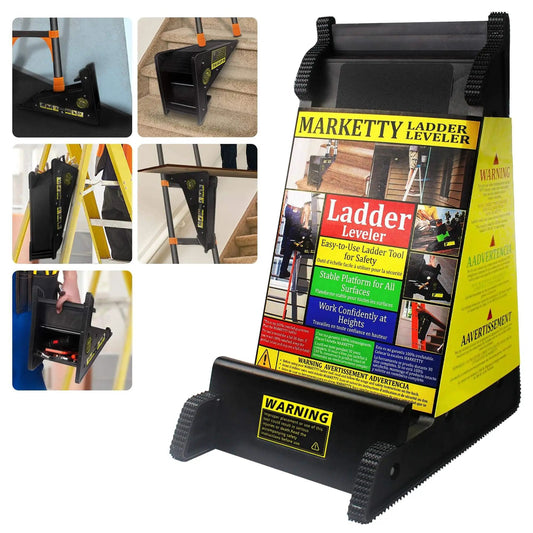 Packaging of a product titled 'Sturdy Ladder Leveler And Stabilizer For Stairs And Extension Ladders With Built In Storage Easy To Use No Slip Ground Gripper Triangle Safety Design For Uneven Ground Keeps Ladders Level And Safe On Steps' with images showing its use on stairs and uneven ground.