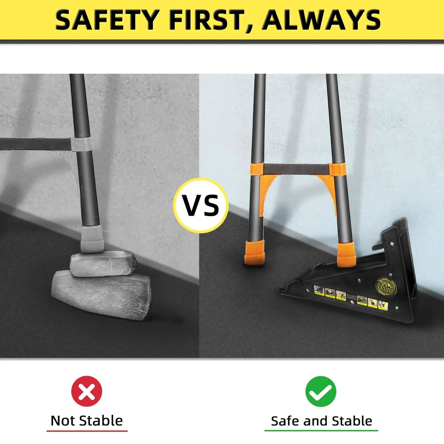 Comparison of ladder on uneven ground with and without Sturdy Ladder Leveler and Stabilizer for Stairs and Extension Ladders.