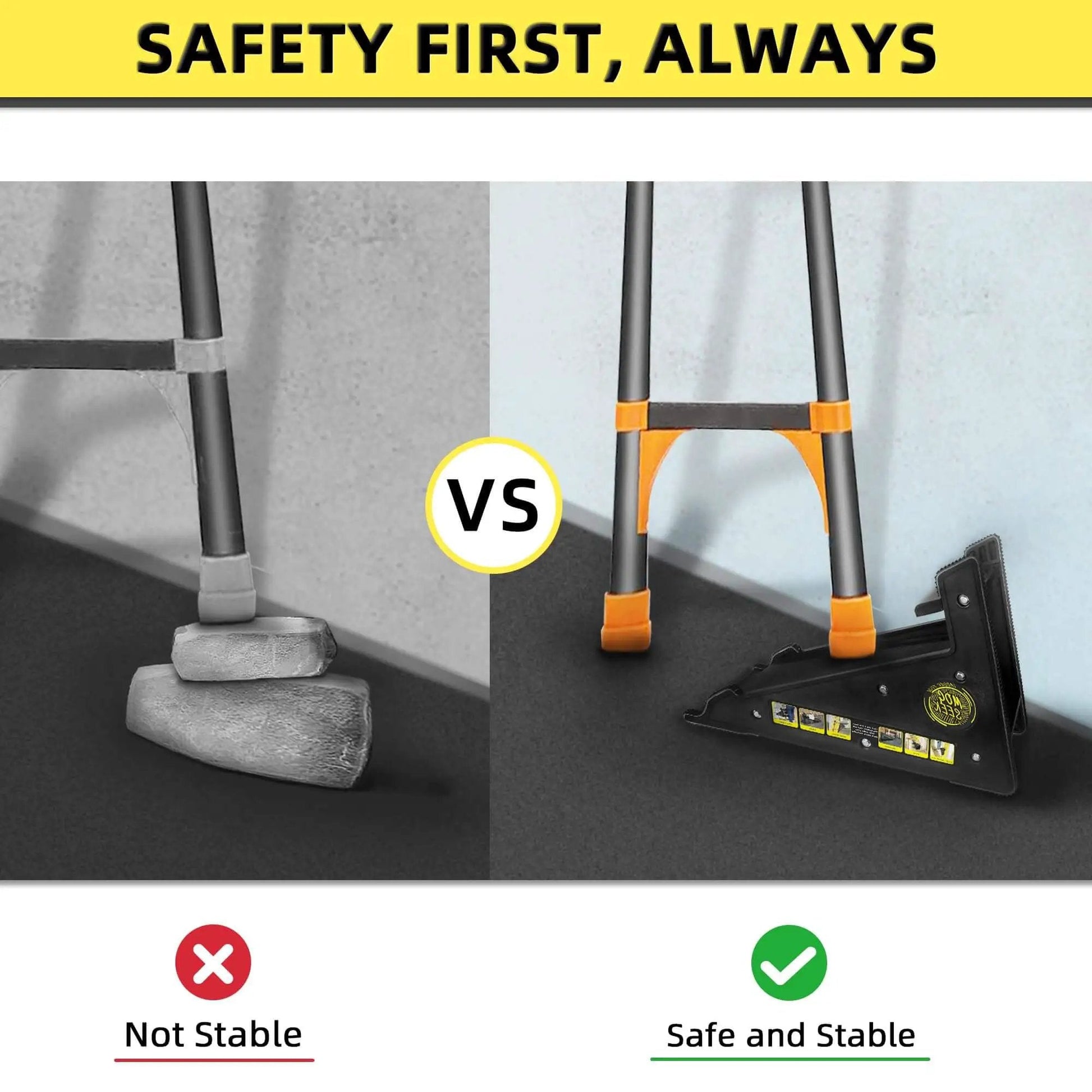 Comparison of ladder on uneven ground with and without Sturdy Ladder Leveler and Stabilizer for Stairs and Extension Ladders.