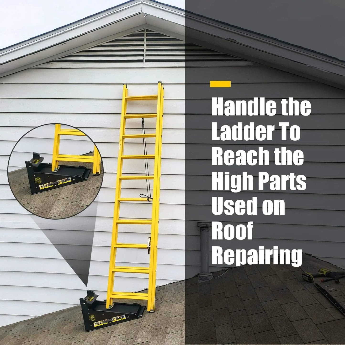 Sturdy Ladder Leveler And Stabilizer For Stairs And Extension Ladders With Built In Storage Easy To Use No Slip Ground Gripper displayed in use on roof