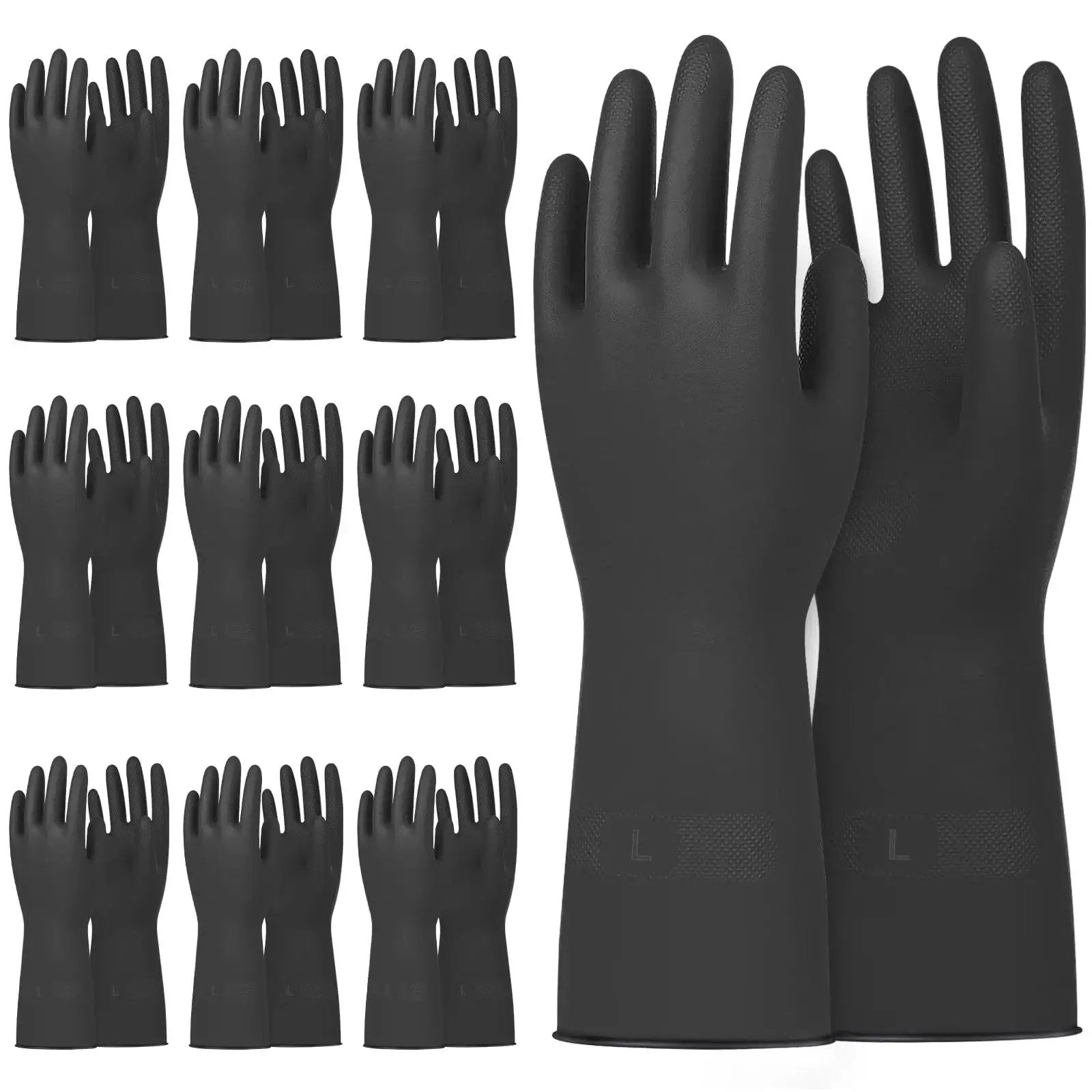 Large Chemical Resistant Latex Gloves 10 Pairs Heavy Duty Dishwashing Gloves front view showing multiple pairs