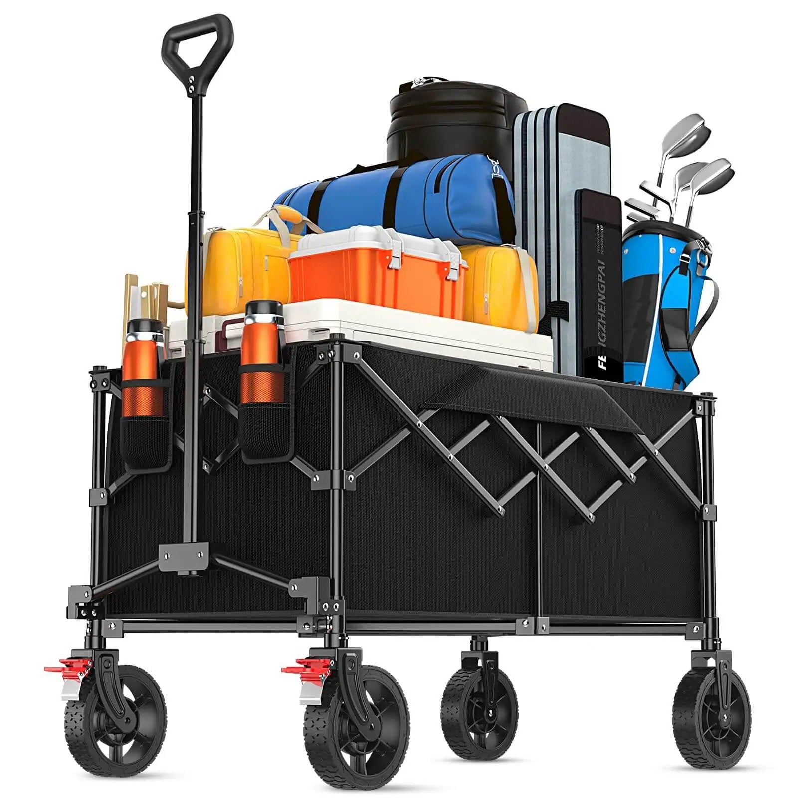 Beast Mode 180L Large Capacity Collapsible Wagon With Wheels 330Lbs Heavy Duty Foldable Shopping Cart filled with beach and sports gear