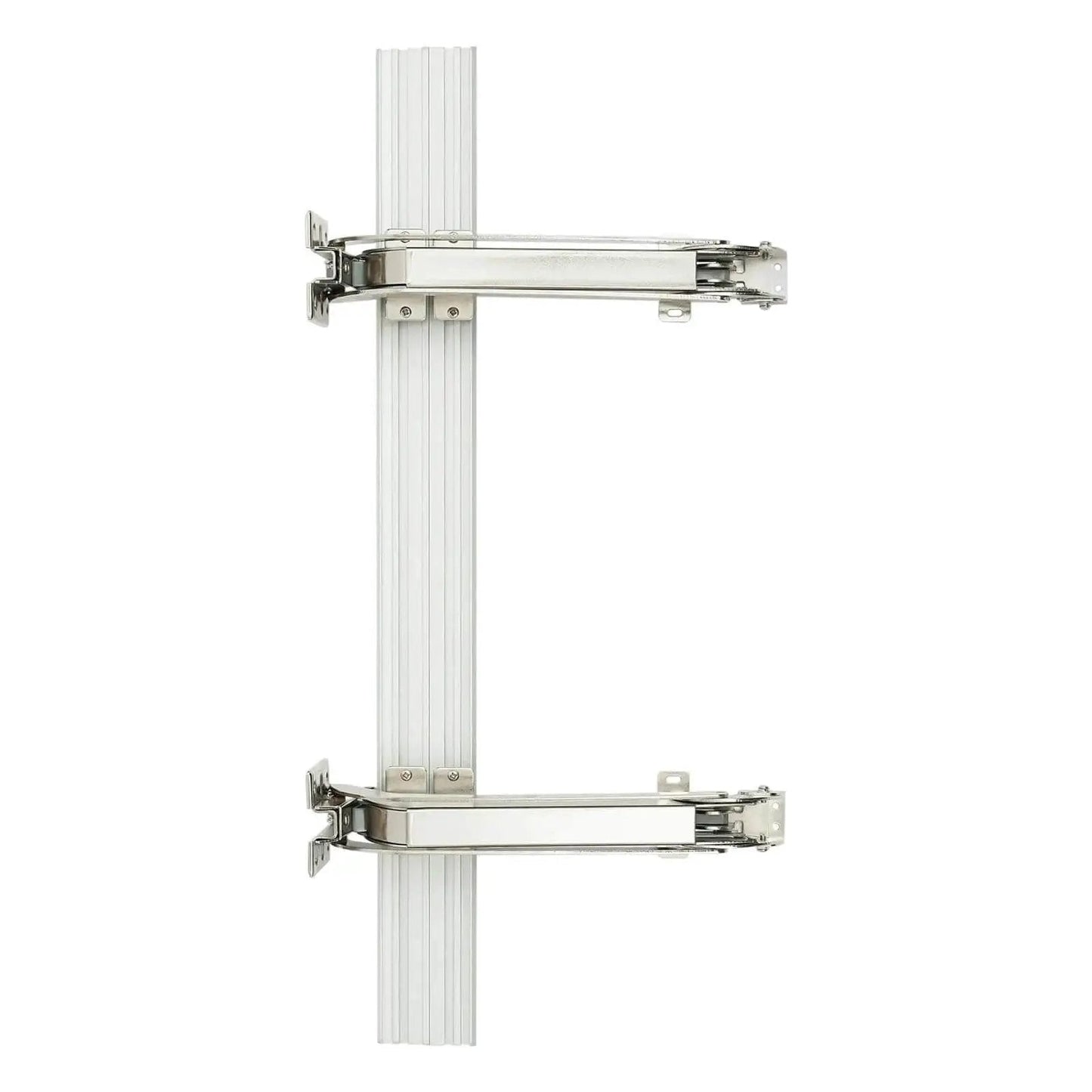 Heavy duty lateral opening door hinge set enables 180 degree parallel opening for cabinets and wardrobes, shown vertically