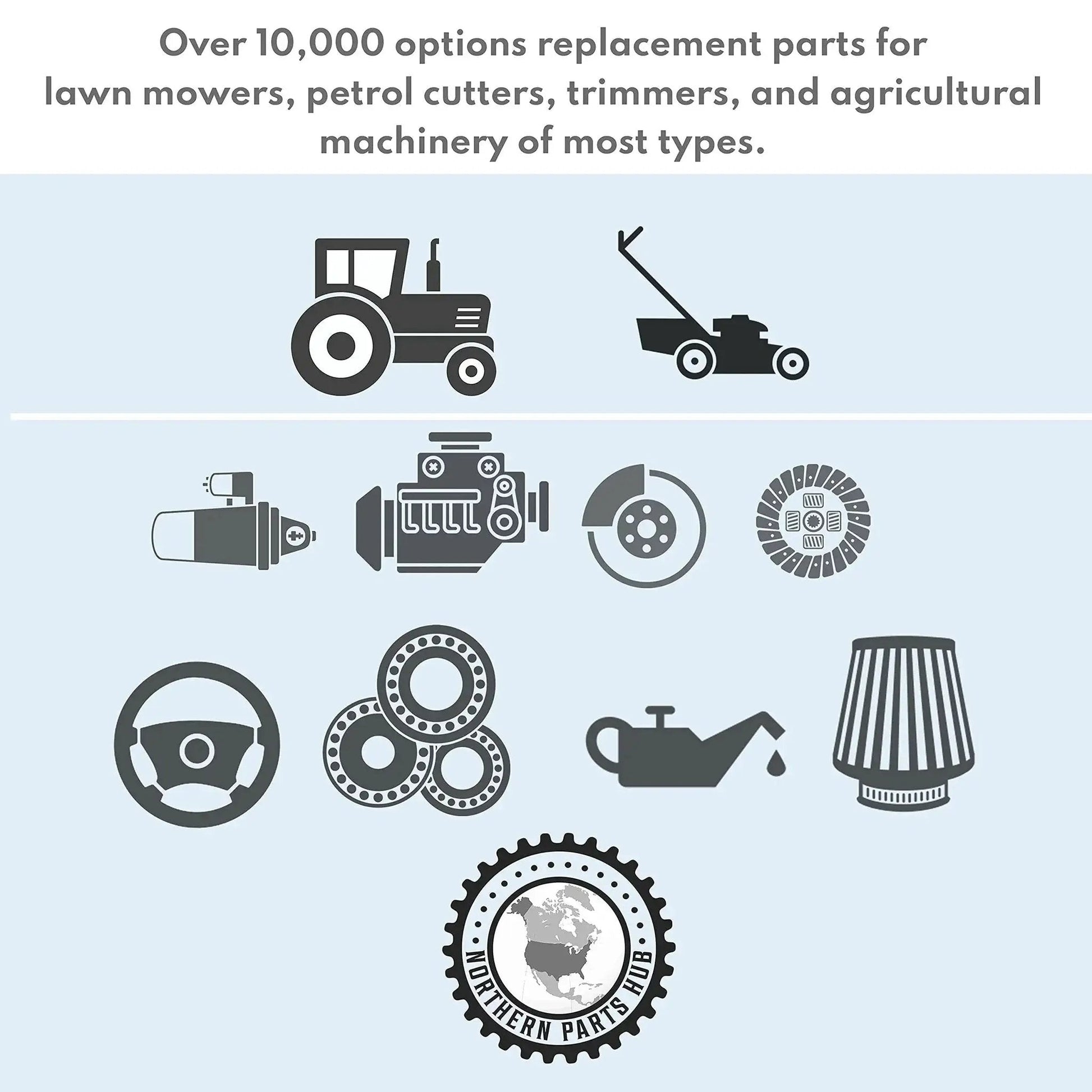 Illustration of replacement parts for lawn mowers, petrol cutters, and agricultural machinery.