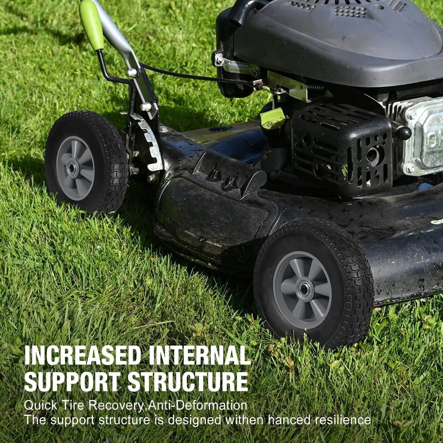 10 inch solid rubber tires and wheels on a lawnmower, showcasing flat free tubeless design with 5/8" axle bore hole and 2.1" offset hub