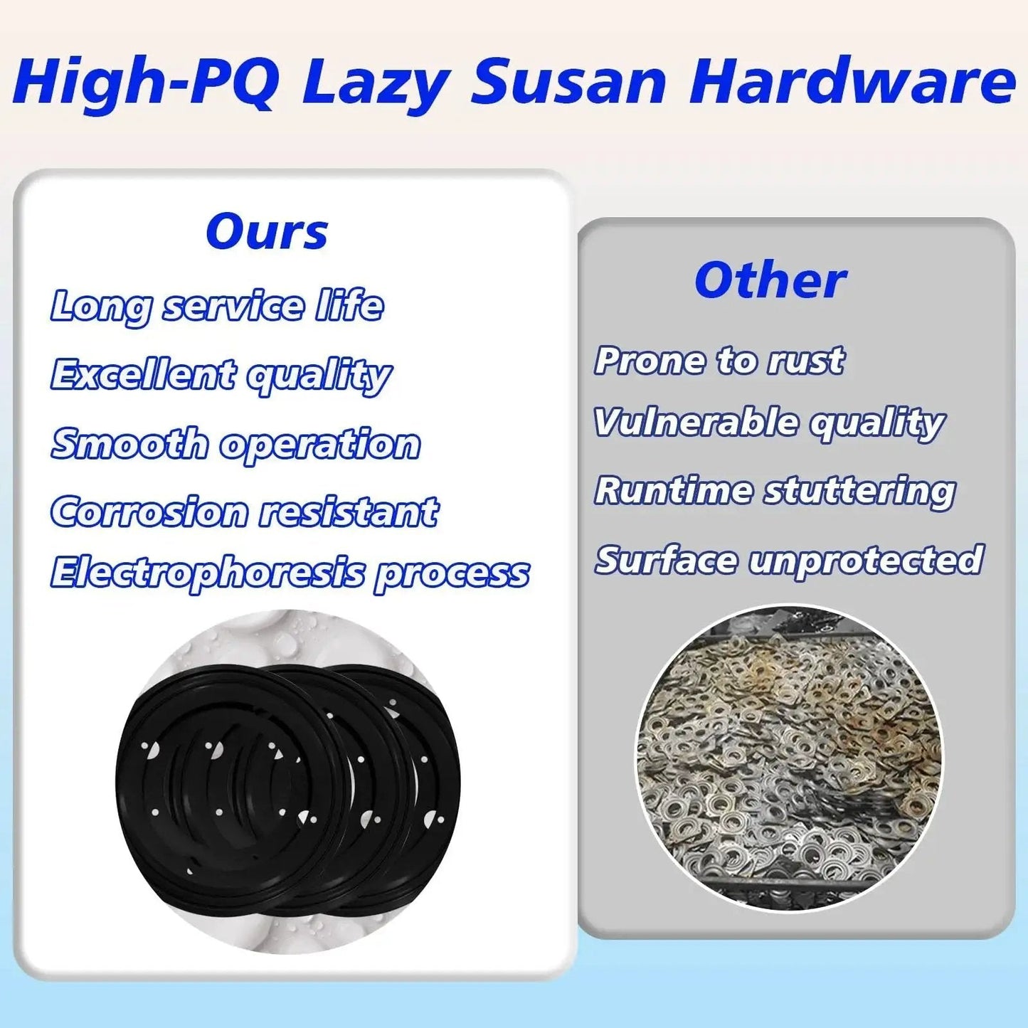 Comparison of high-quality Six Pack 9 Inch Lazy Susan Bearings with competitors, showing black heavy duty turntable bearing plate.