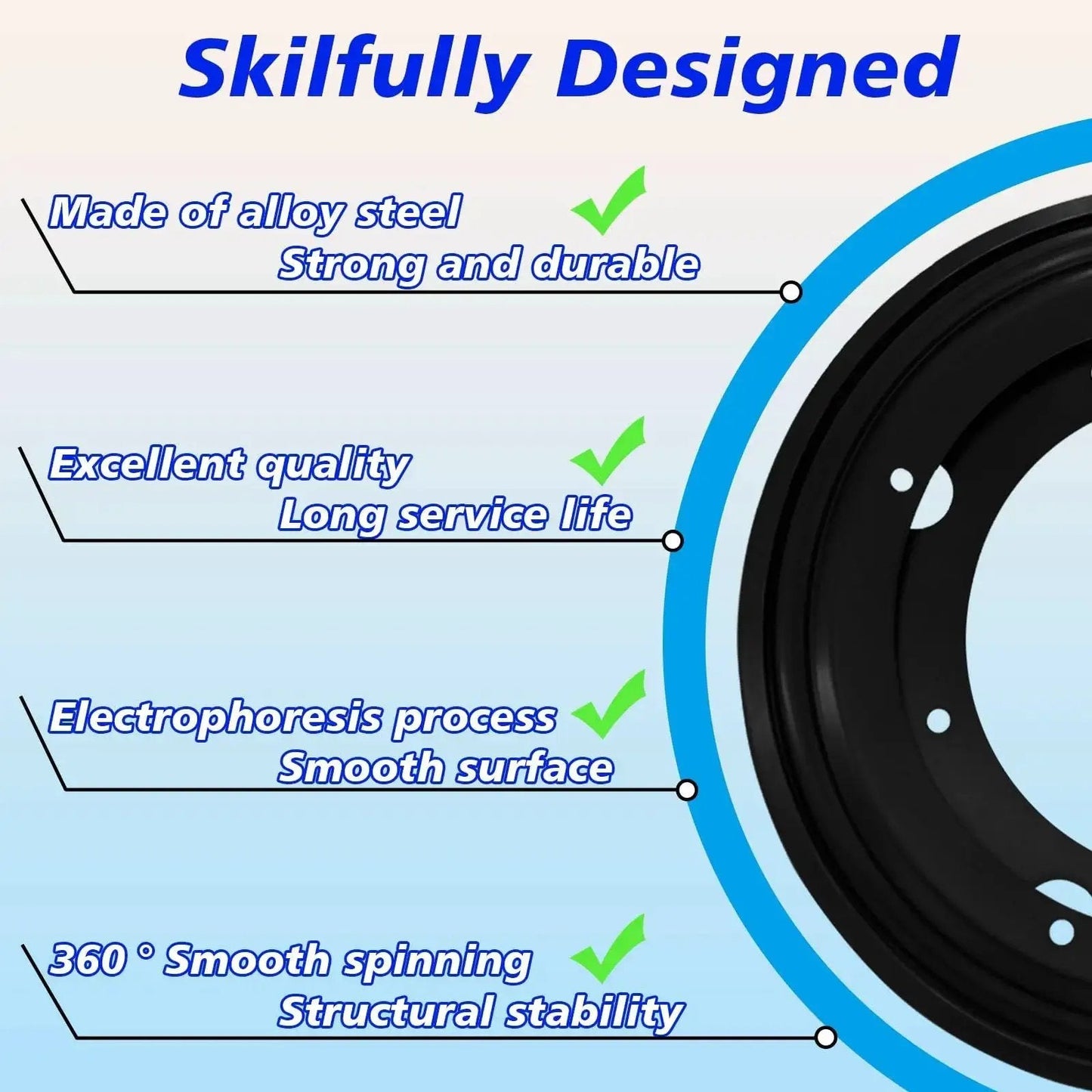 Infographic highlighting features of Six Pack 9 Inch Lazy Susan Bearings Heavy Duty Turntable Bearing with strong alloy steel and smooth rotation.
