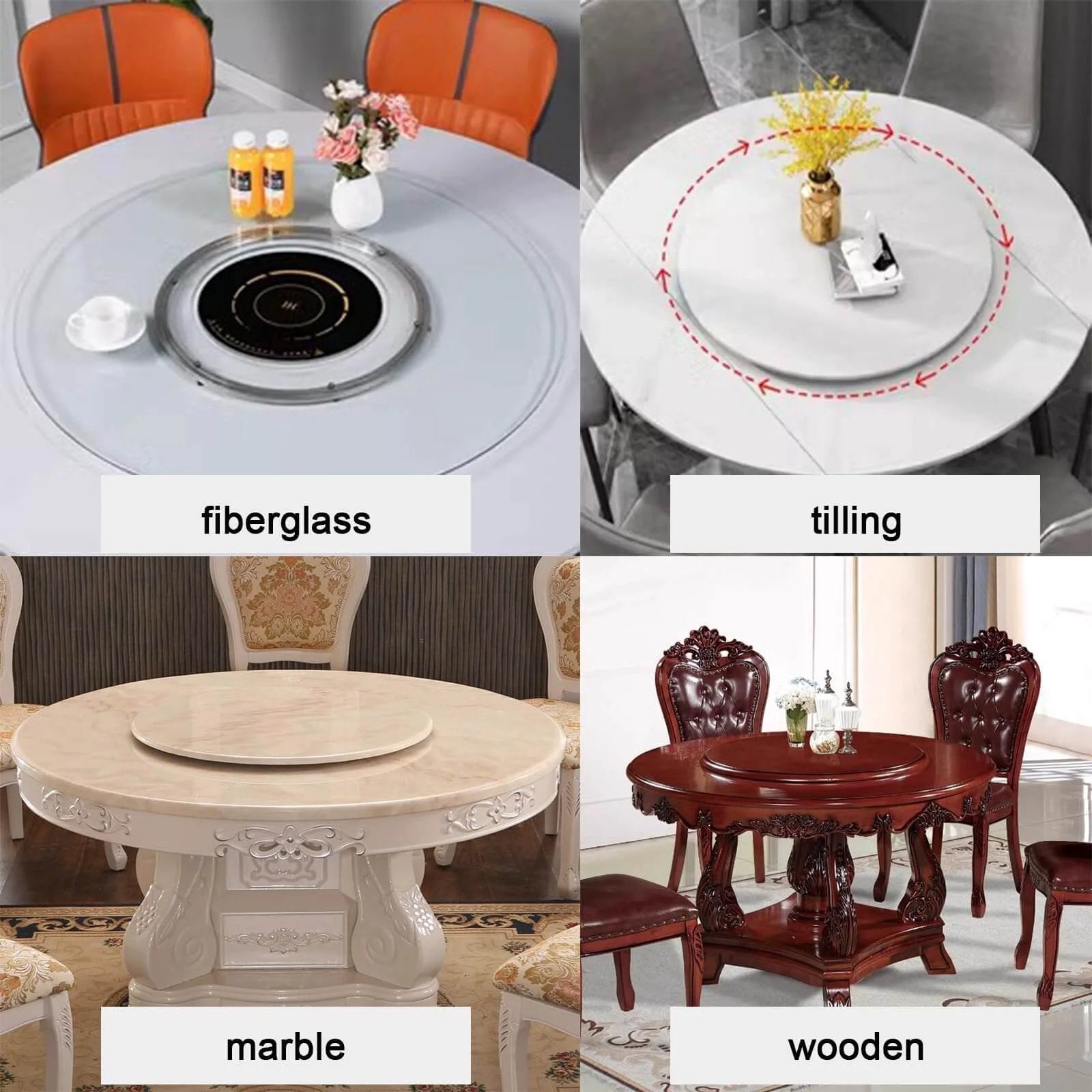 18 Inch Heavy Duty Aluminum Lazy Susan Bearing on various tabletops: fiberglass, tiling, marble, wooden dining tables.
