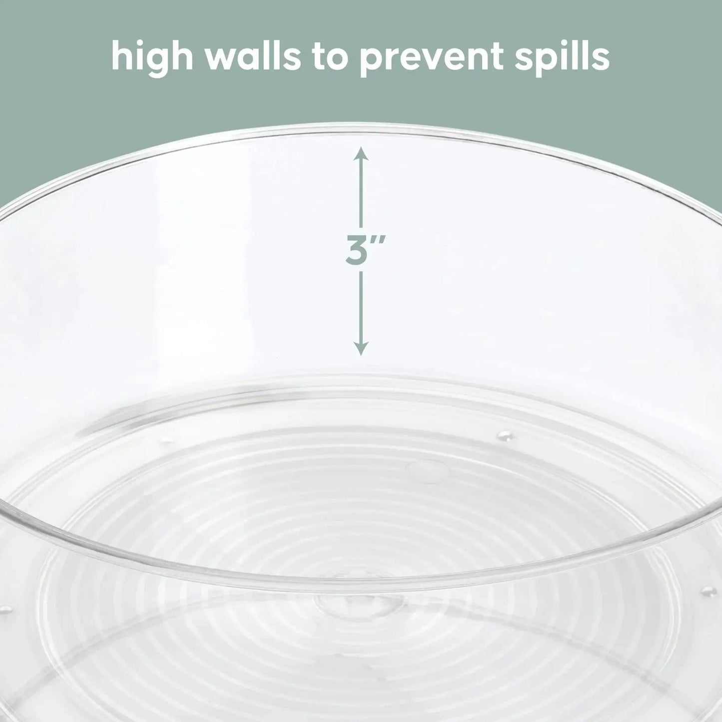 Close-up of Compact Lazy Susan Organizer for Fridge and Cabinet showing high sides to prevent spills, smooth 360 degree turntable.