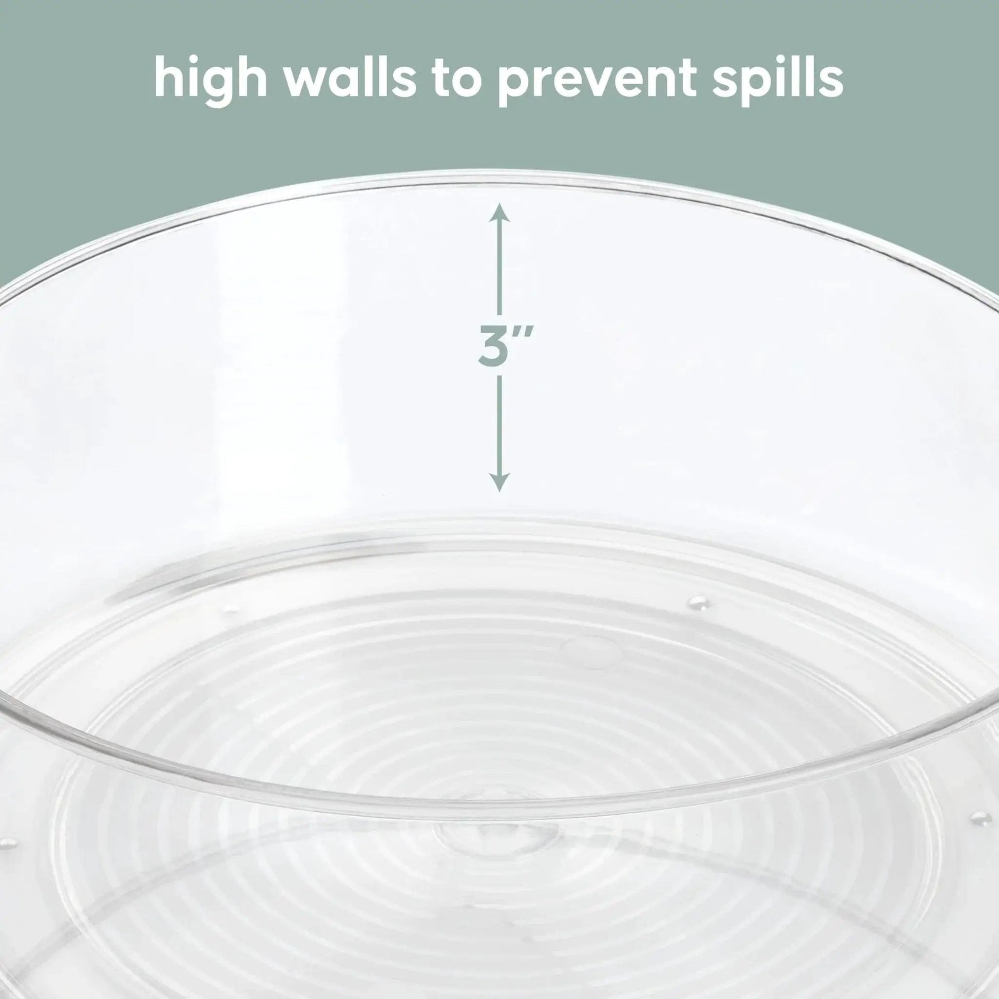 Close-up of Compact Lazy Susan Organizer for Fridge and Cabinet showing high sides to prevent spills, smooth 360 degree turntable.