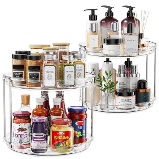 2 Pack Double Layer Lazy Susan Turntable Organizer 9.25 Inch Rotating Spice Rack For Cabinet Pantry Countertop Bathroom Vanity And Medicine Cabinet Clear Stackable Design For Maximized Storage Two Sets Create Three Tier Organization
