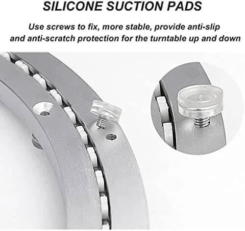 Close-up of Aluminum Alloy Lazy Susan Turntable Bearing showing silicone suction pads for anti-slip protection and smooth rotation.