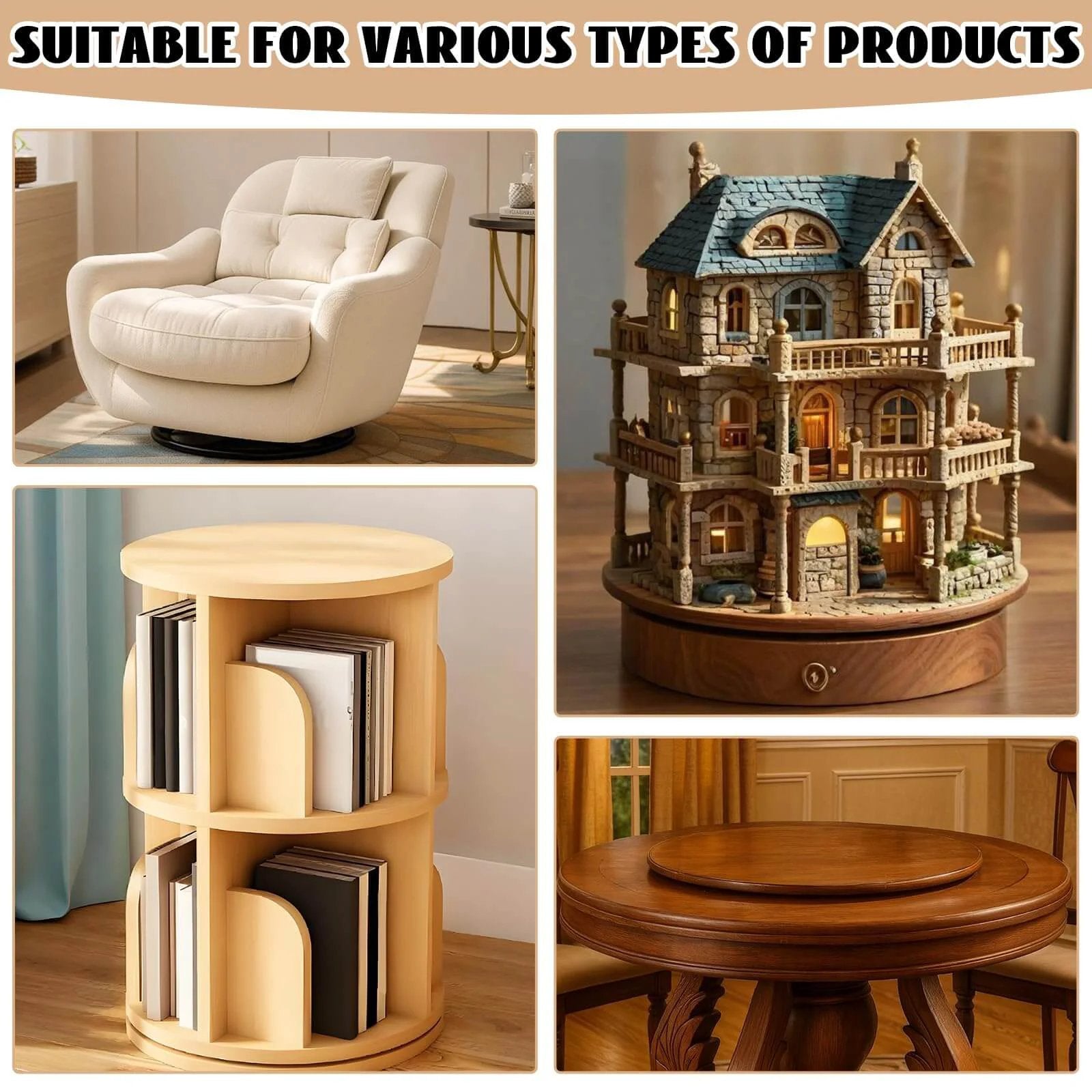 24 Inch Aluminum Alloy Lazy Susan Turntable Bearing for furniture and displays, showing versatility with chairs, shelves, and decorative items.