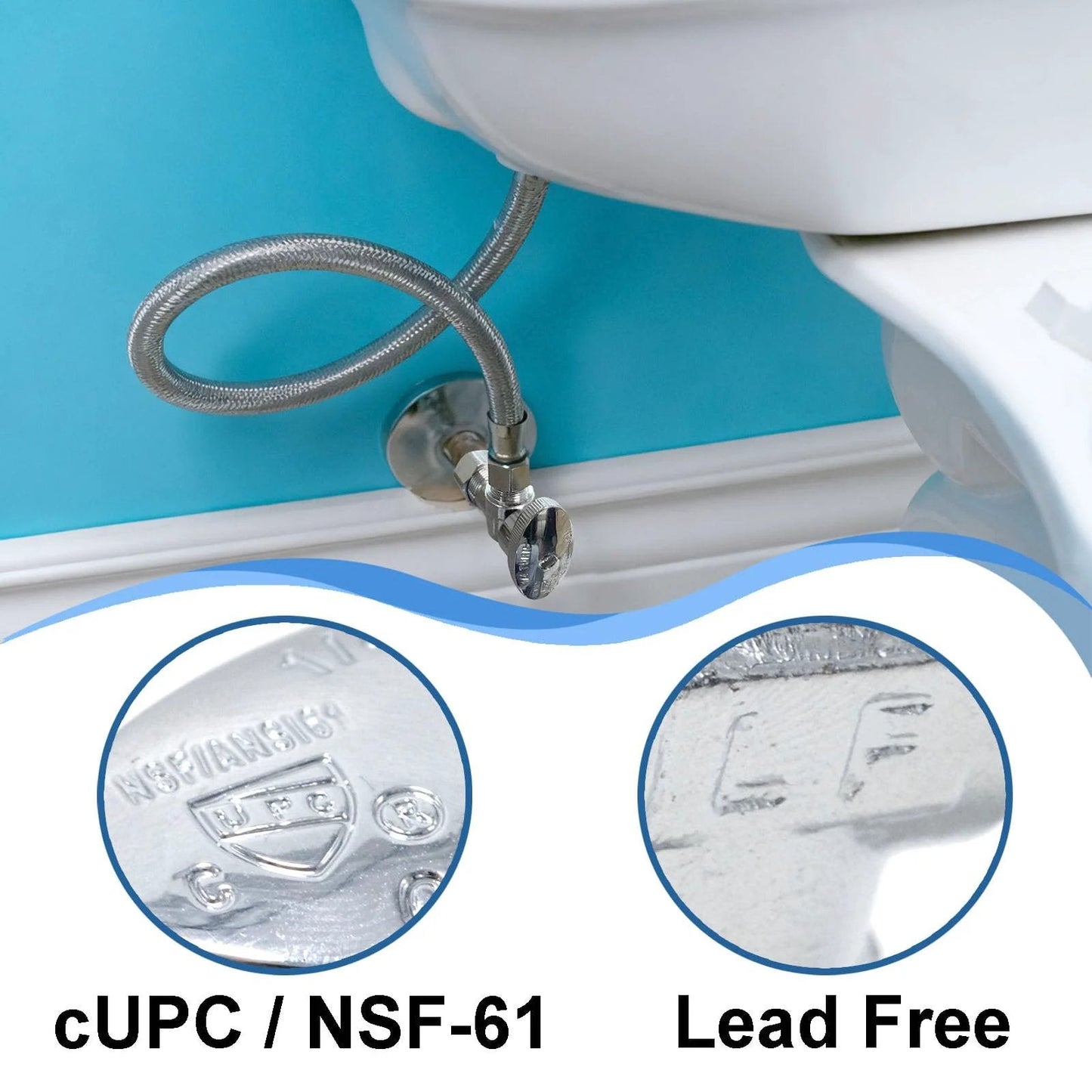 Angle Stop Valve 1/2 Inch Nominal Compression Inlet To 3/8 Inch OD Compression Outlet, 1/4 Turn Water Shut Off Valve For Toilet And Faucet Plumbing, Easy Install, Lead Free Silver Finish, Durable Brass Body, 1 Pack, installed on toilet with braided hose.