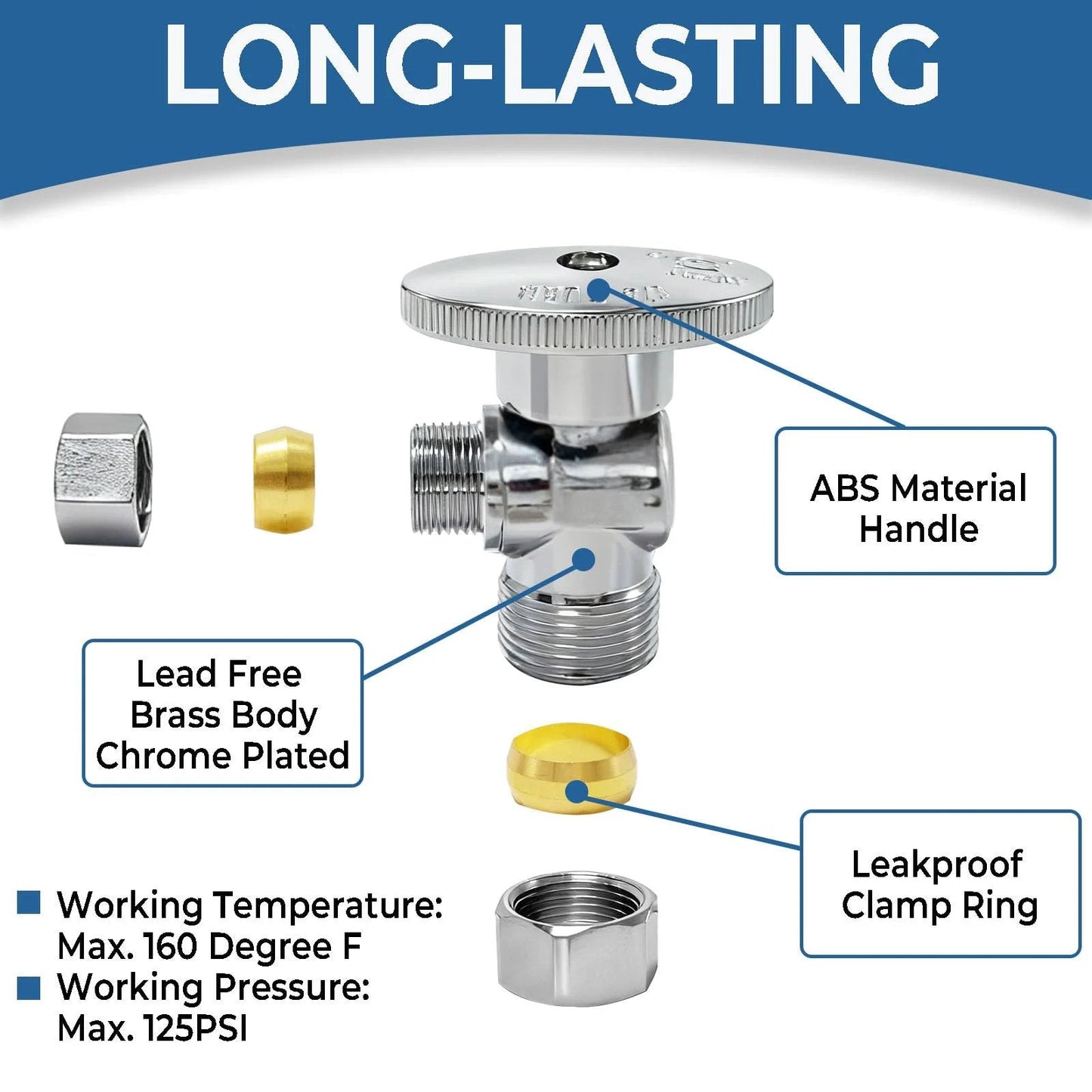 Angle Stop Valve 1/2 Inch Nominal Compression Inlet To 3/8 Inch OD Compression Outlet, 1/4 Turn Water Shut Off Valve disassembled view with brass body and components.