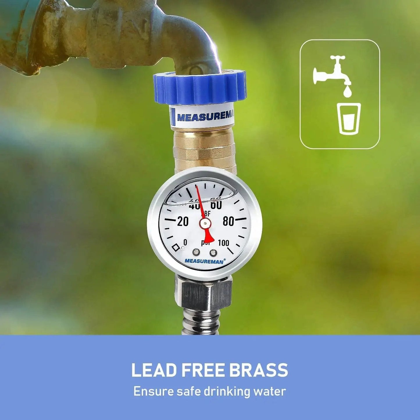 Lead Free Brass Water Pressure Regulator For RVs And Campers MeasureMan Three Quarter Inch Garden Hose Thread GHT water regulator