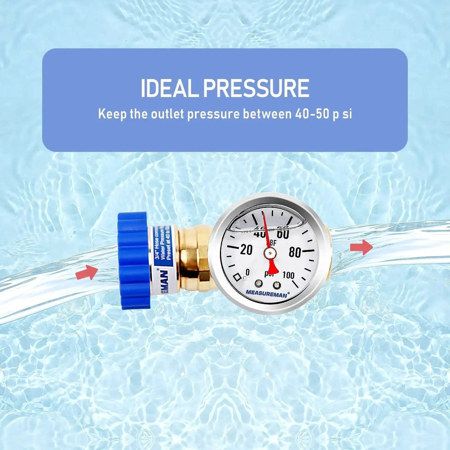 Lead Free Brass Water Pressure Regulator For RVs And Campers MeasureMan Three Quarter Inch Garden Hose Thread GHT with Dial Gauge