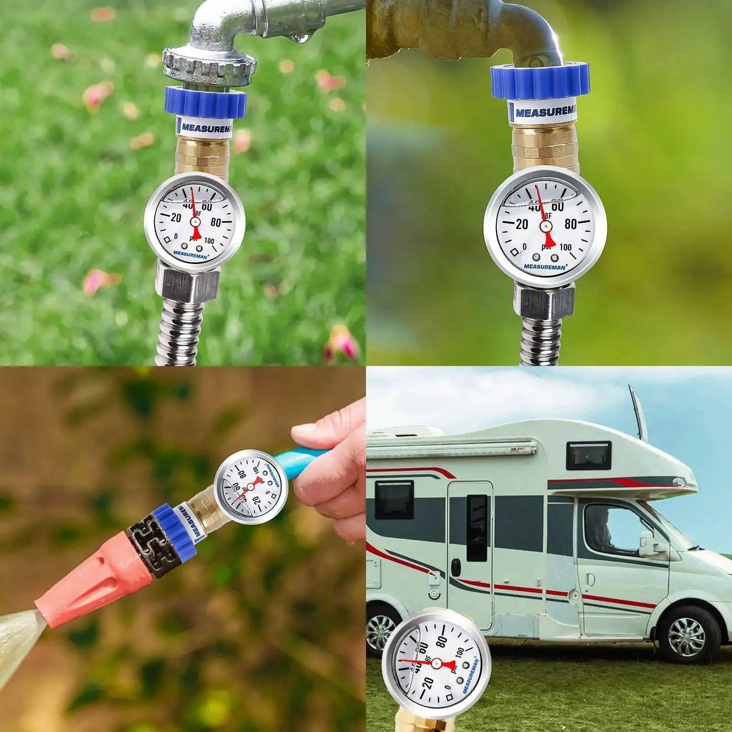 Lead Free Brass Water Pressure Regulator For RVs And Campers MeasureMan Three Quarter Inch Garden Hose Thread GHT with Dial Gauge