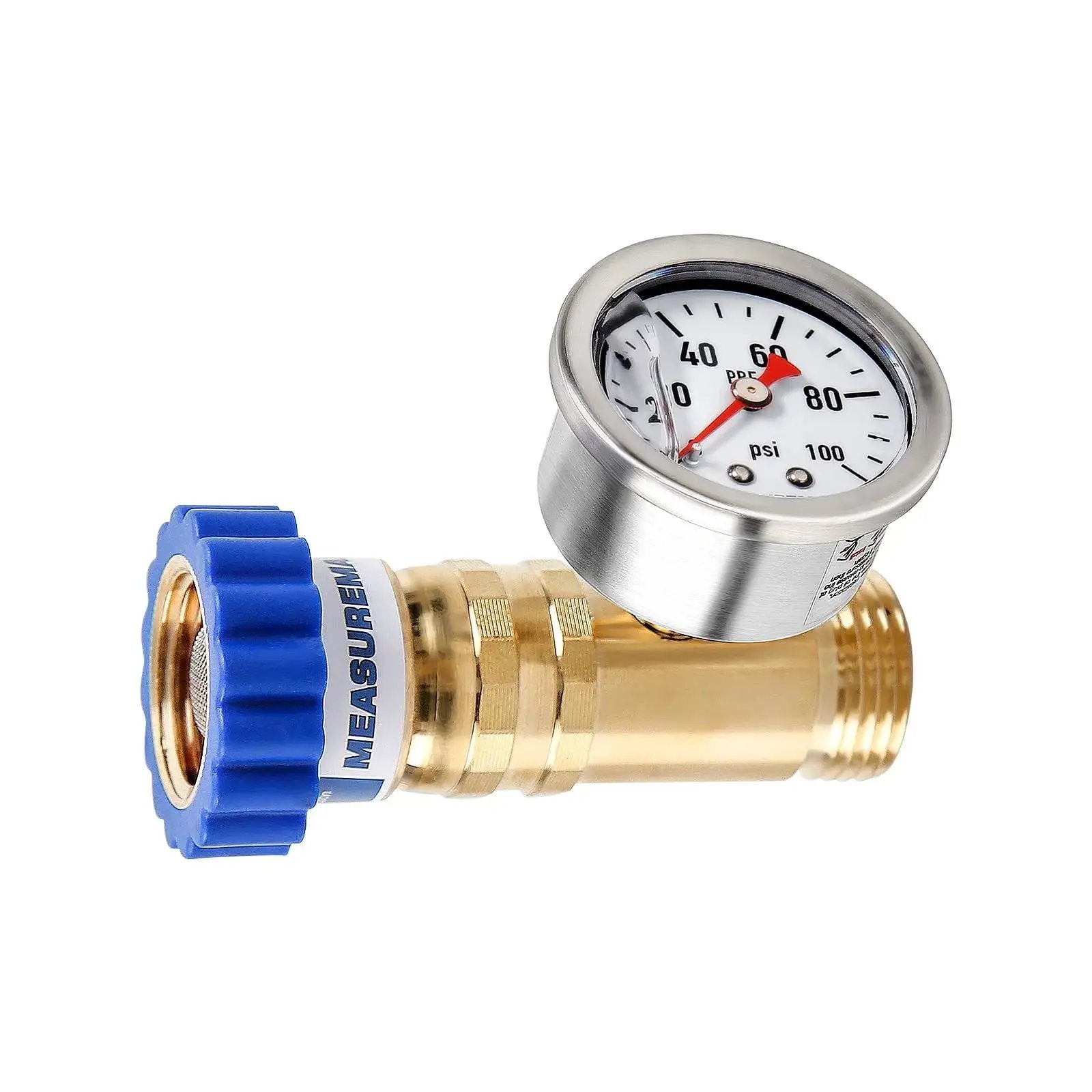 Lead Free Brass Water Pressure Regulator For RVs And Campers MeasureMan Three Quarter Inch Garden Hose Thread GHT With Zero To One Hundred PSI Dial Gauge