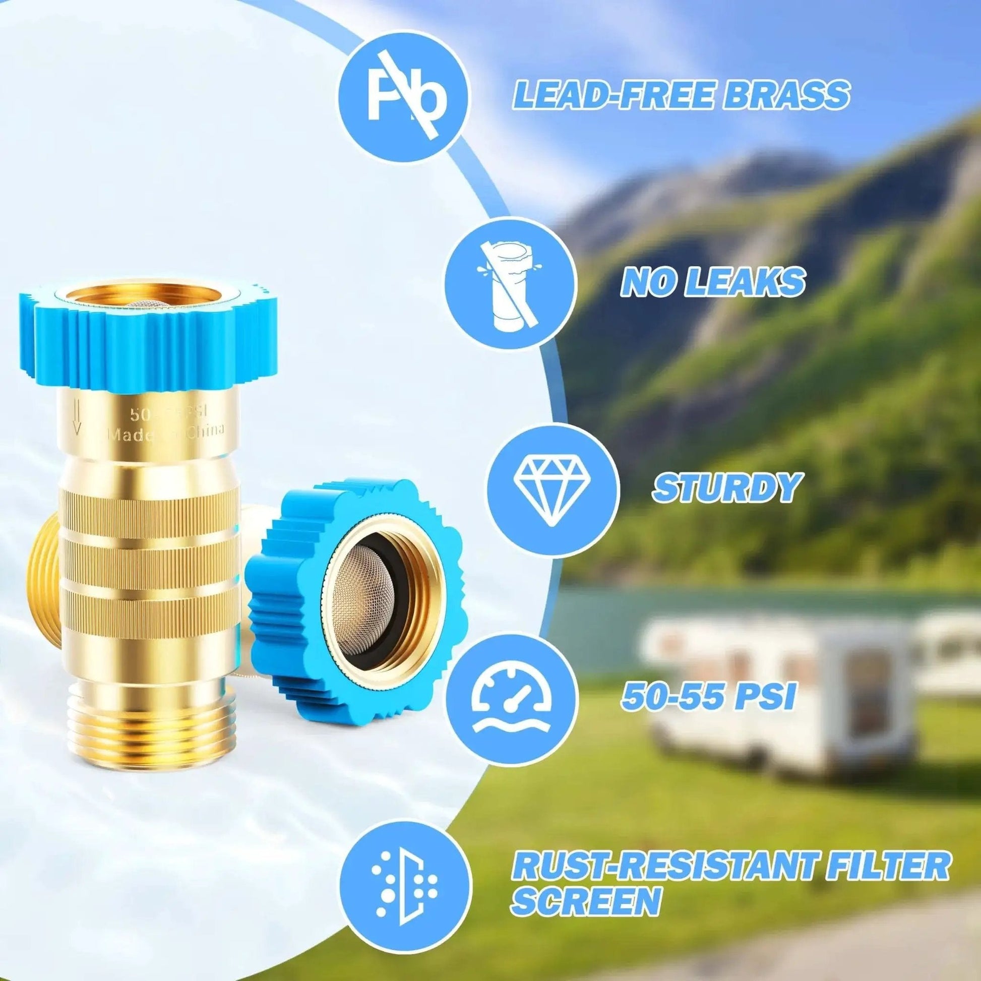 High Flow RV Water Pressure Regulator 50-55 Psi For Campers And Trailers Three Quarter Inch Brass Inline Reducer