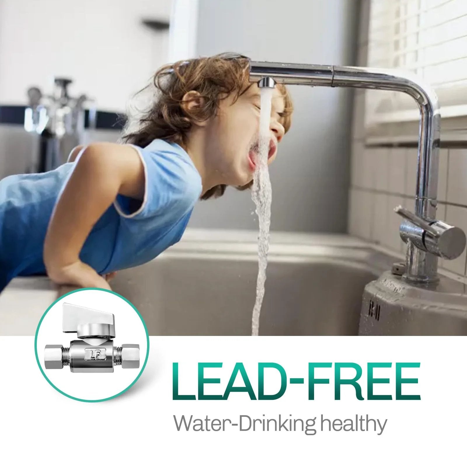 Premium Brass Quarter Inch Compression To Quarter Inch Compression Angle Valve Two Pack Quarter Turn Water Supply Valves Chrome Plated For Rust Resistance Durable Brass Construction Low Lead Certified Great For Home Plumbing Projects installed in kitchen sink with child drinking from faucet.