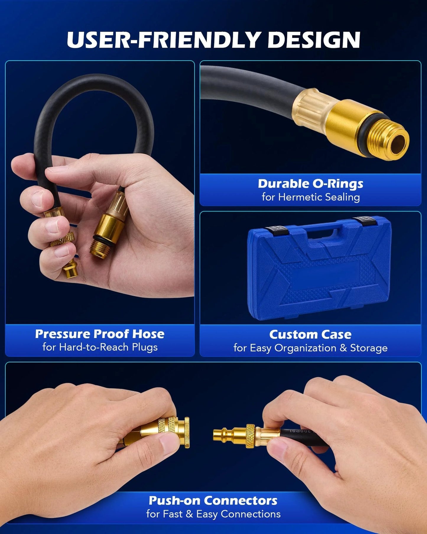 User-friendly design of Leak Down Tester Kit For Automotive Engines with hose, O-rings, connectors, and custom case.