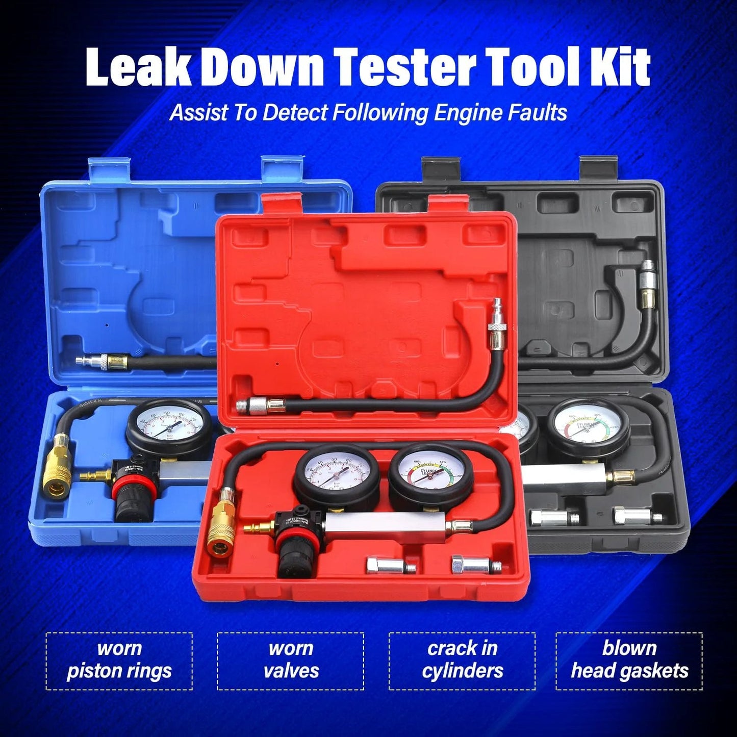 TU21 Engine Cylinder Leak Down Tester Kit for Cars, Trucks, and Motorcycles Blue, showing tools in red and blue cases.
