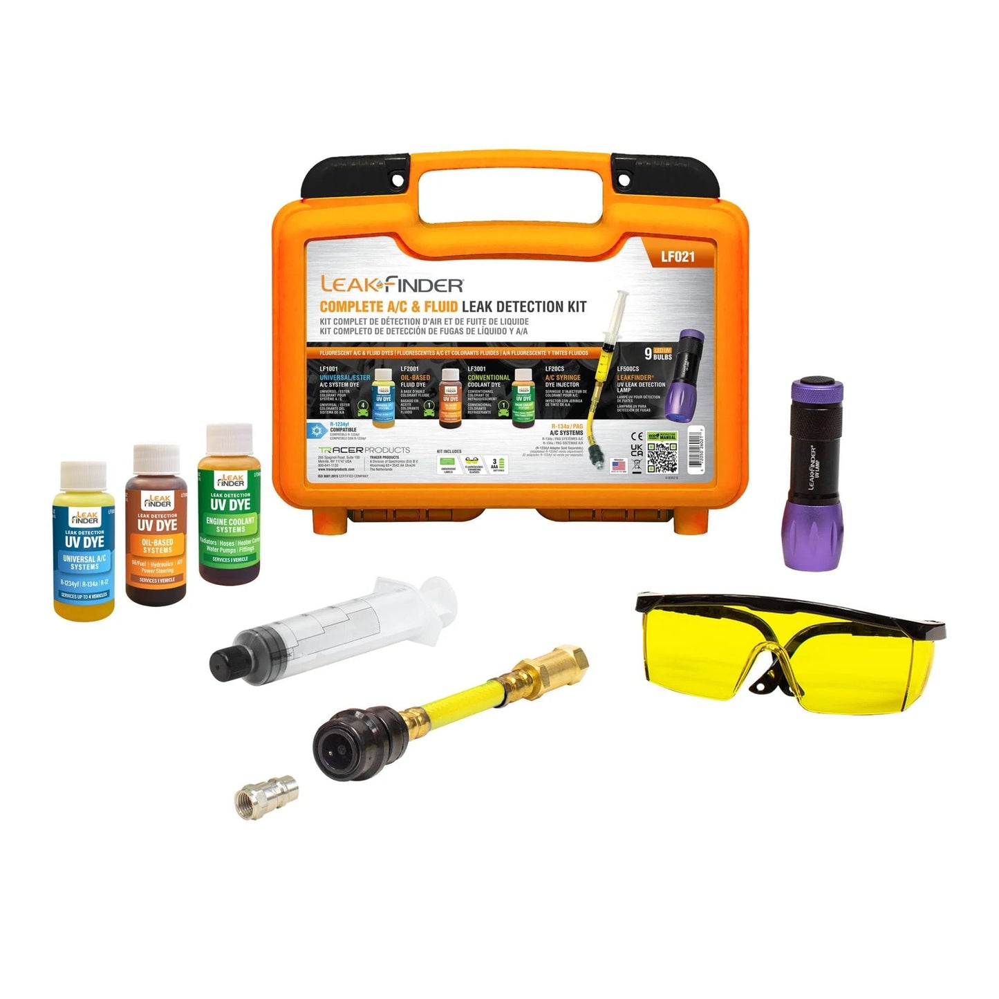 Leak Finder Auto Fluids And Air Conditioning Leak Detection Kit Pro Grade With 1 Oz Dye Injector Syringe UV Light R134A Hose Coupler made in USA, complete kit with tools and bottles
